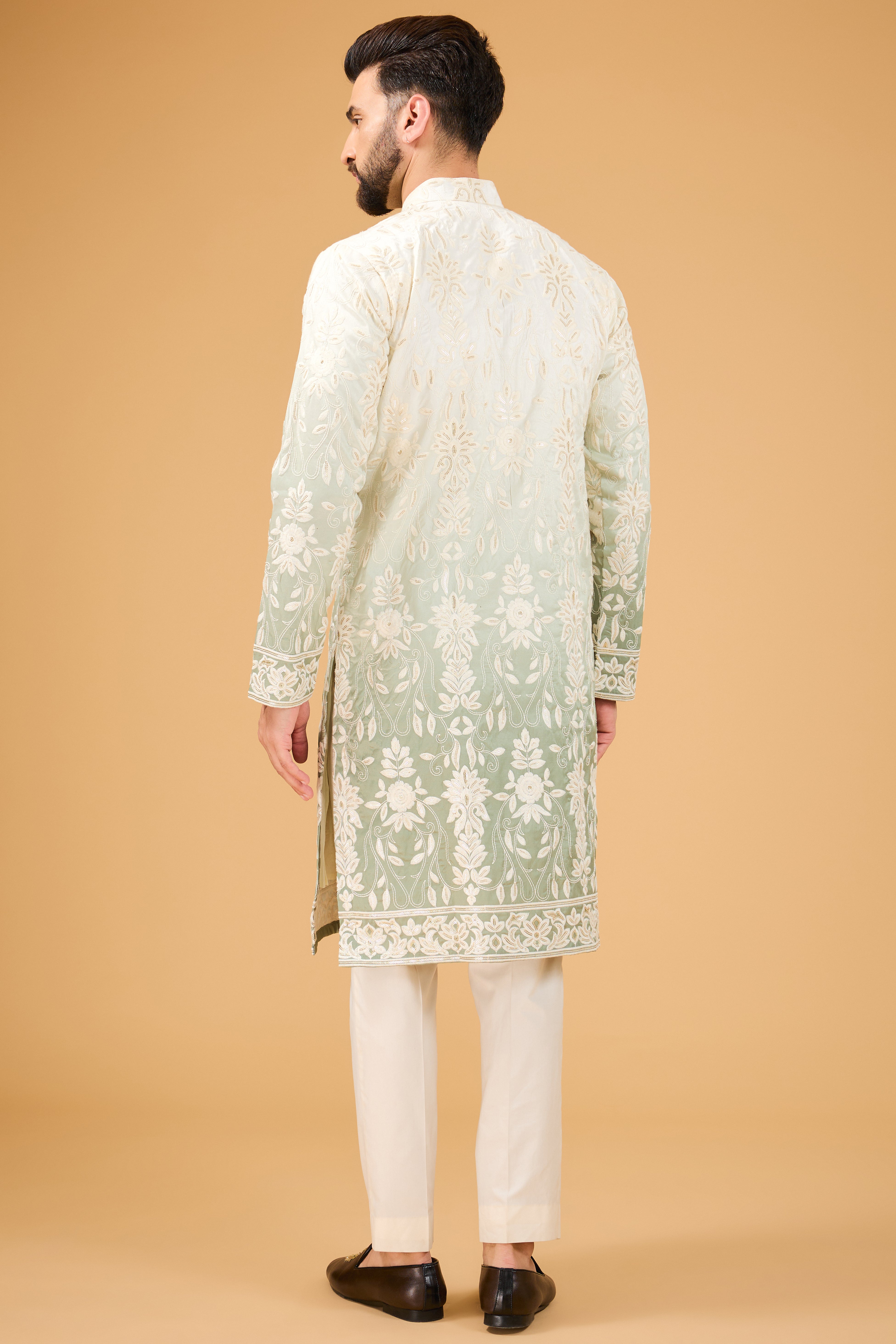 Cream - Sage green ombre shaded chikankari kurta - kasbahmen