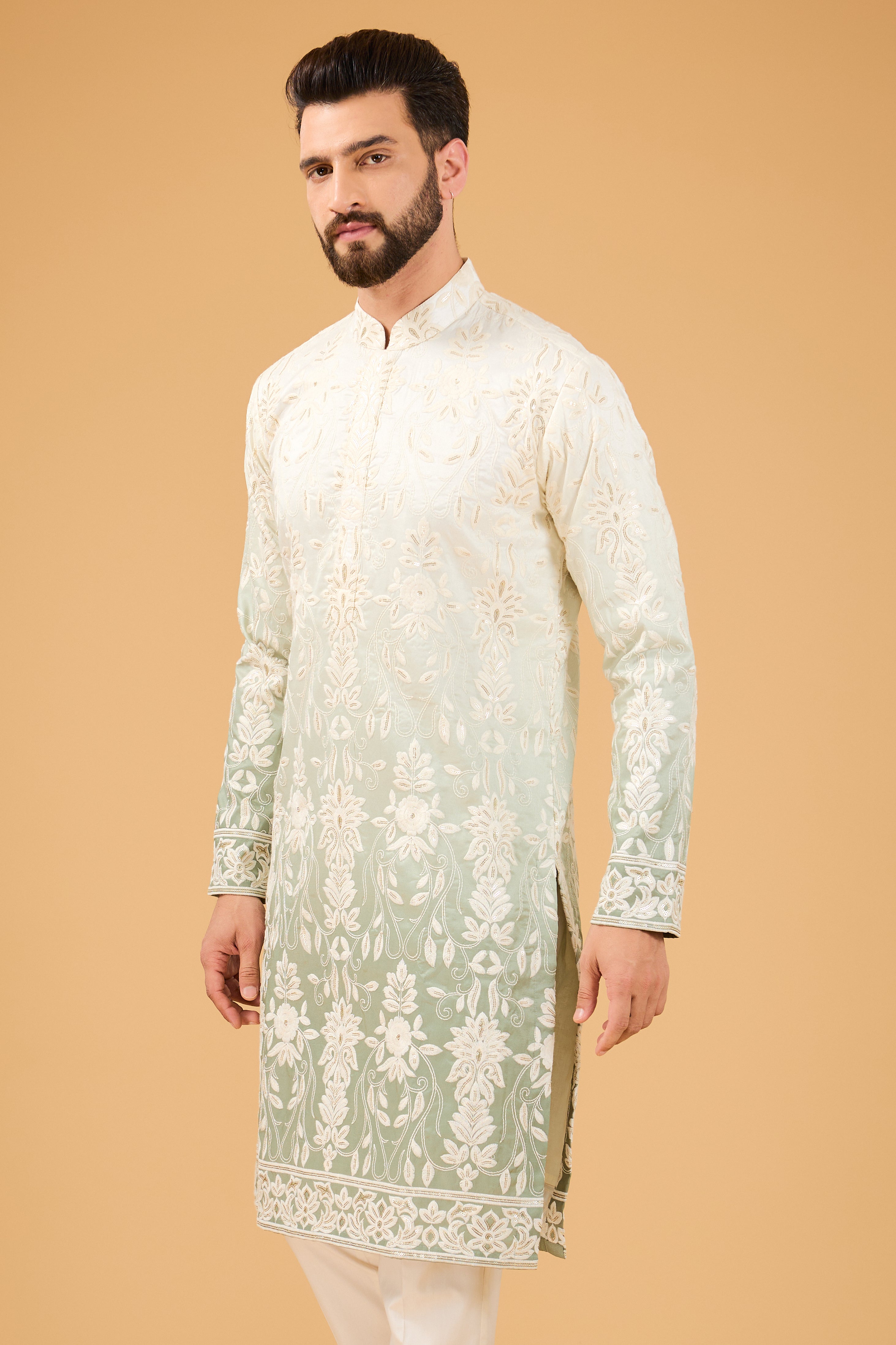 Cream - Sage green ombre shaded chikankari kurta - kasbahmen