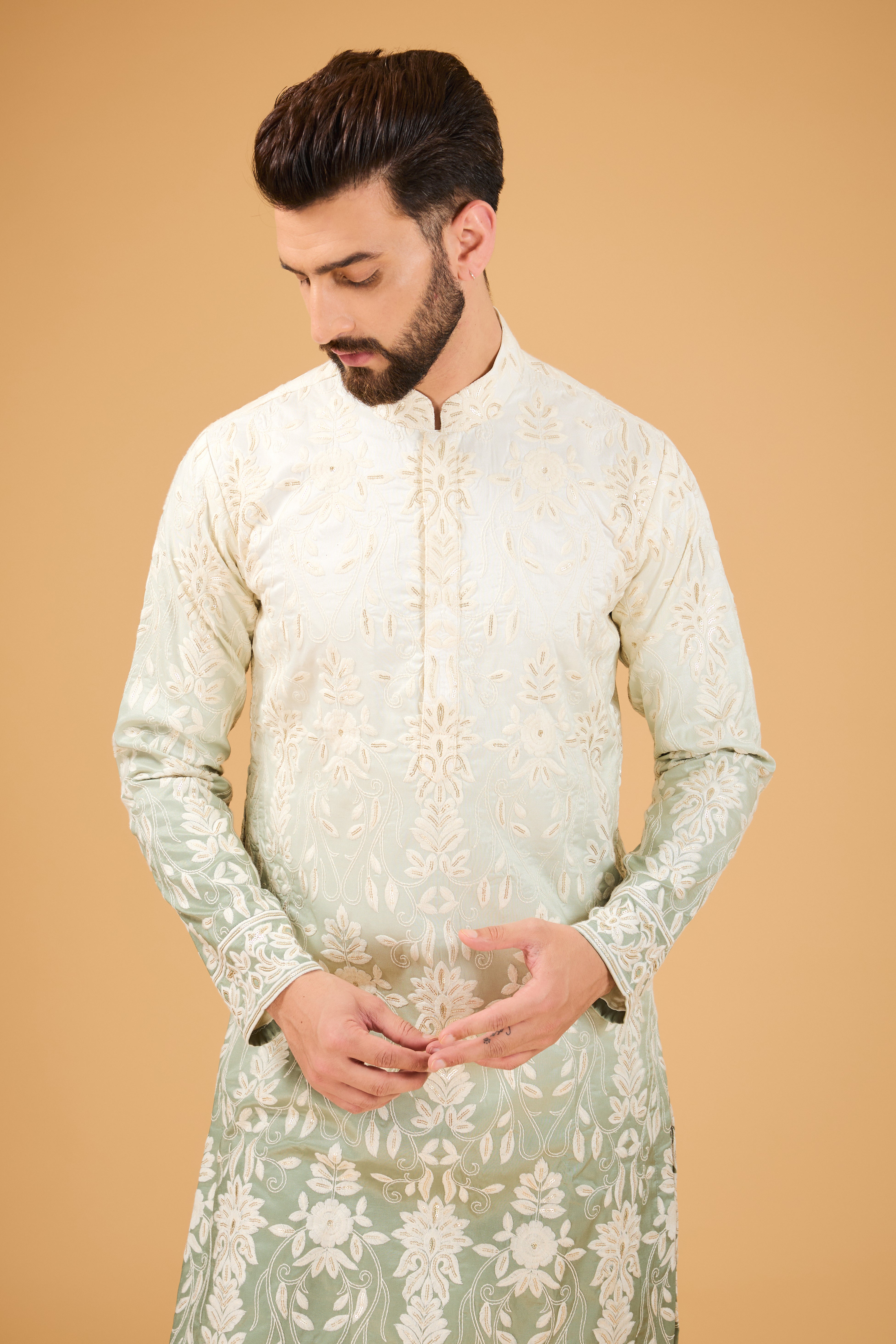 Cream - Sage green ombre shaded chikankari kurta - kasbahmen