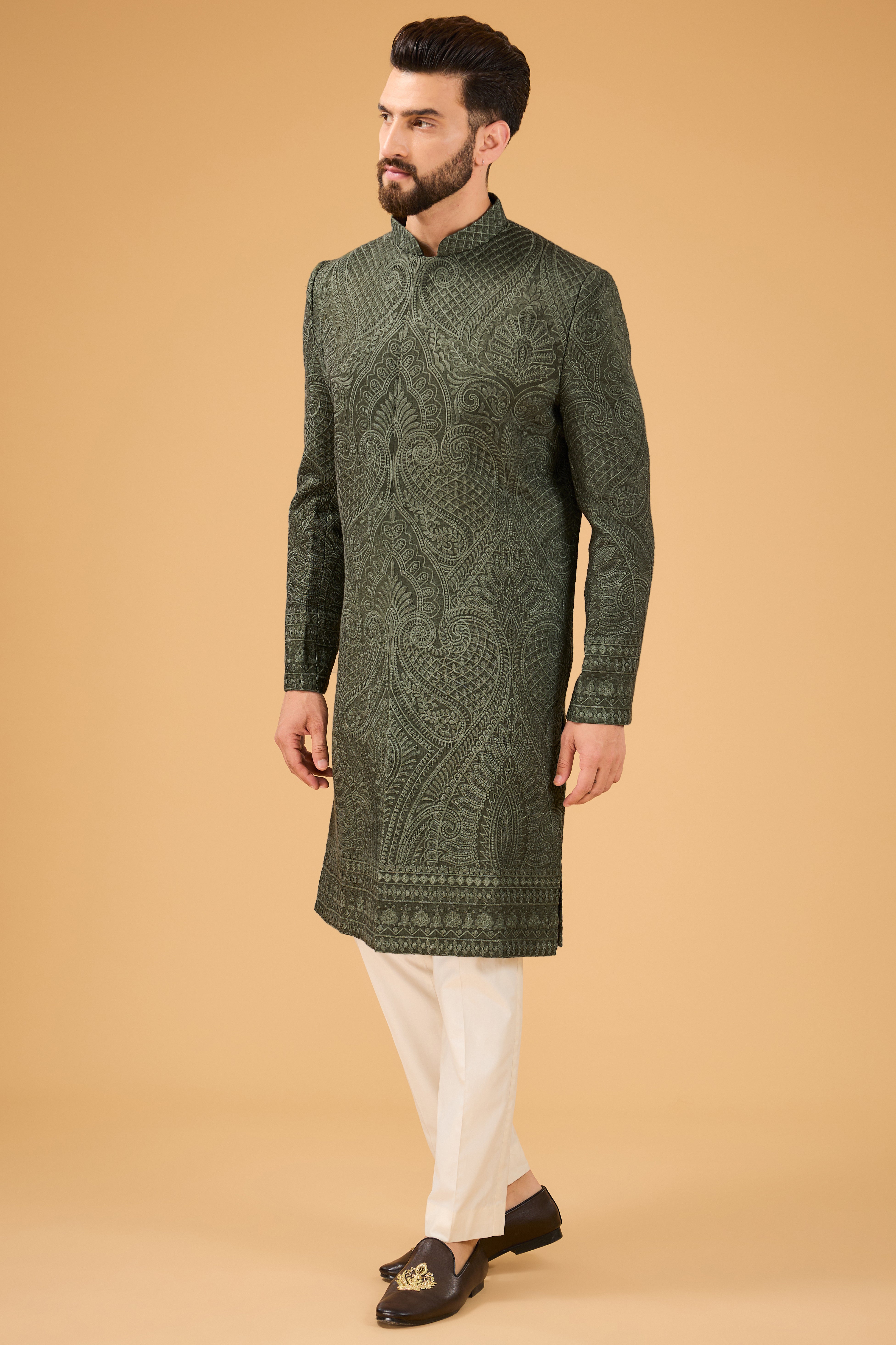 Military green kashmiri embroidered sherwani. - kasbahmen