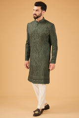 Military green kashmiri embroidered sherwani.