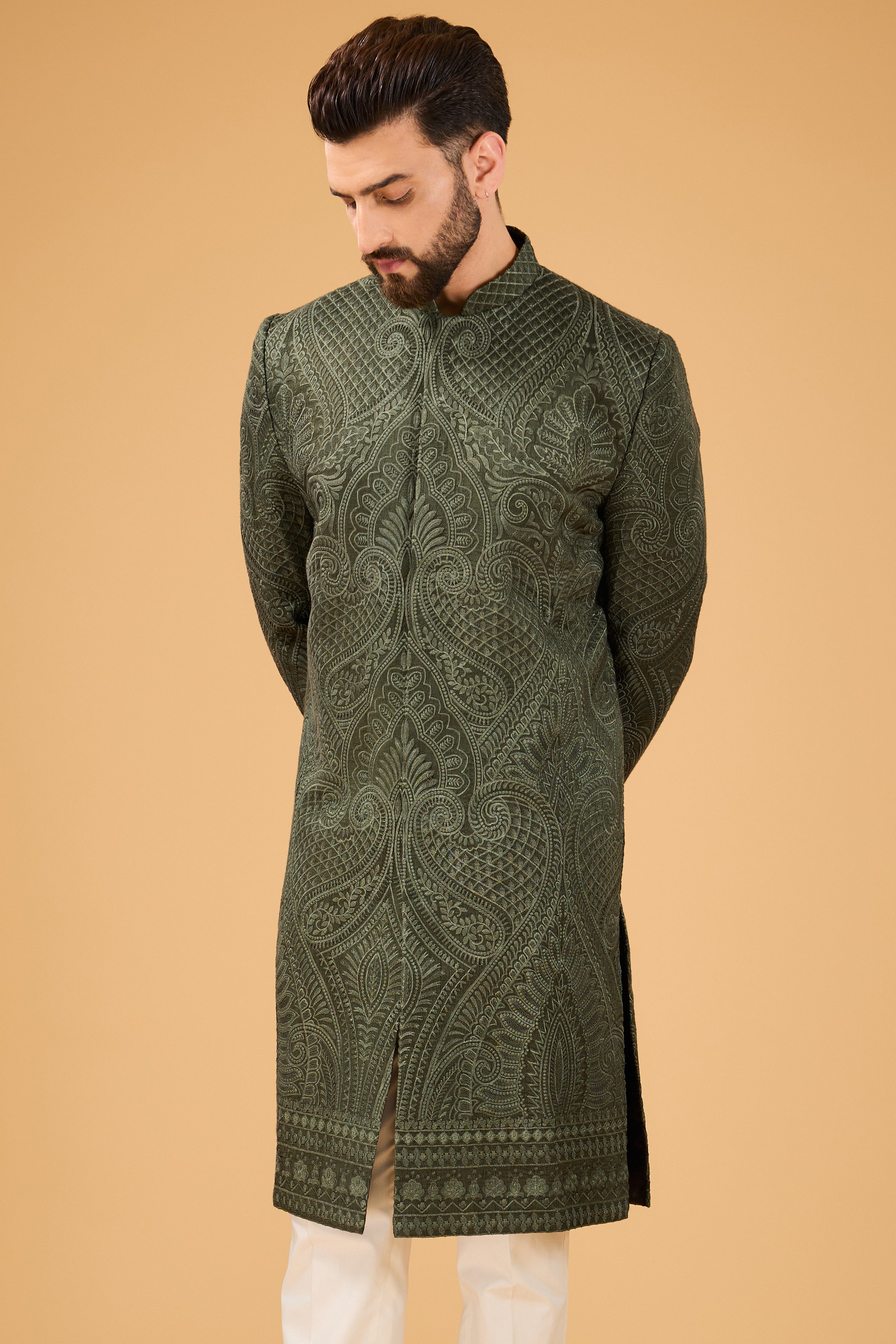 Military green kashmiri embroidered sherwani. - kasbahmen