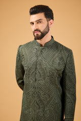 Military green kashmiri embroidered sherwani.