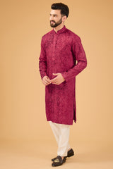 Red-maroon kashmiri embroidered kurta on velvet. - kasbahmen