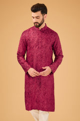 Red-maroon kashmiri embroidered kurta on velvet. - kasbahmen