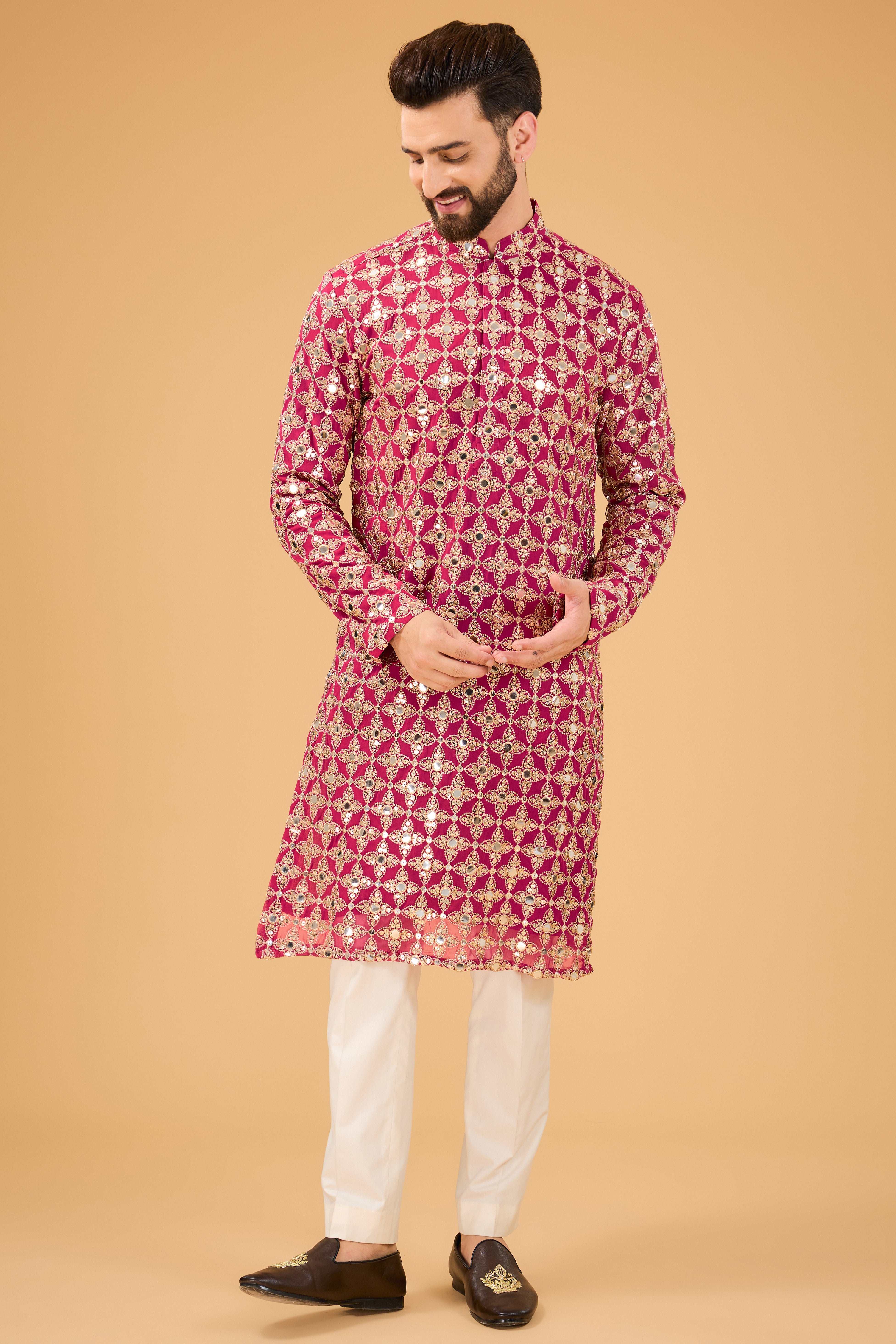 Hot pink mirror-work kurta with detailed golden zari work - kasbahmen