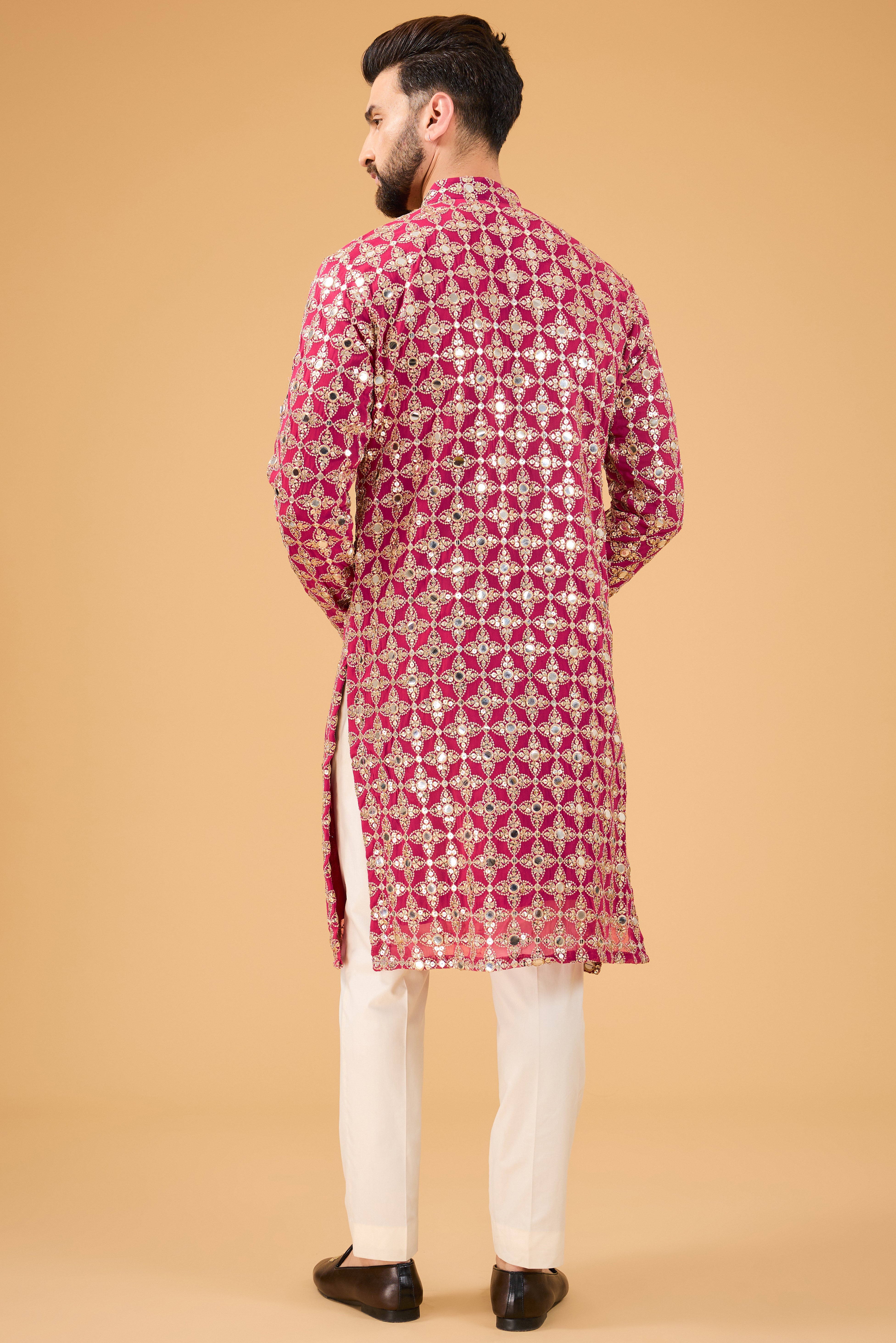 Hot pink mirror-work kurta with detailed golden zari work - kasbahmen