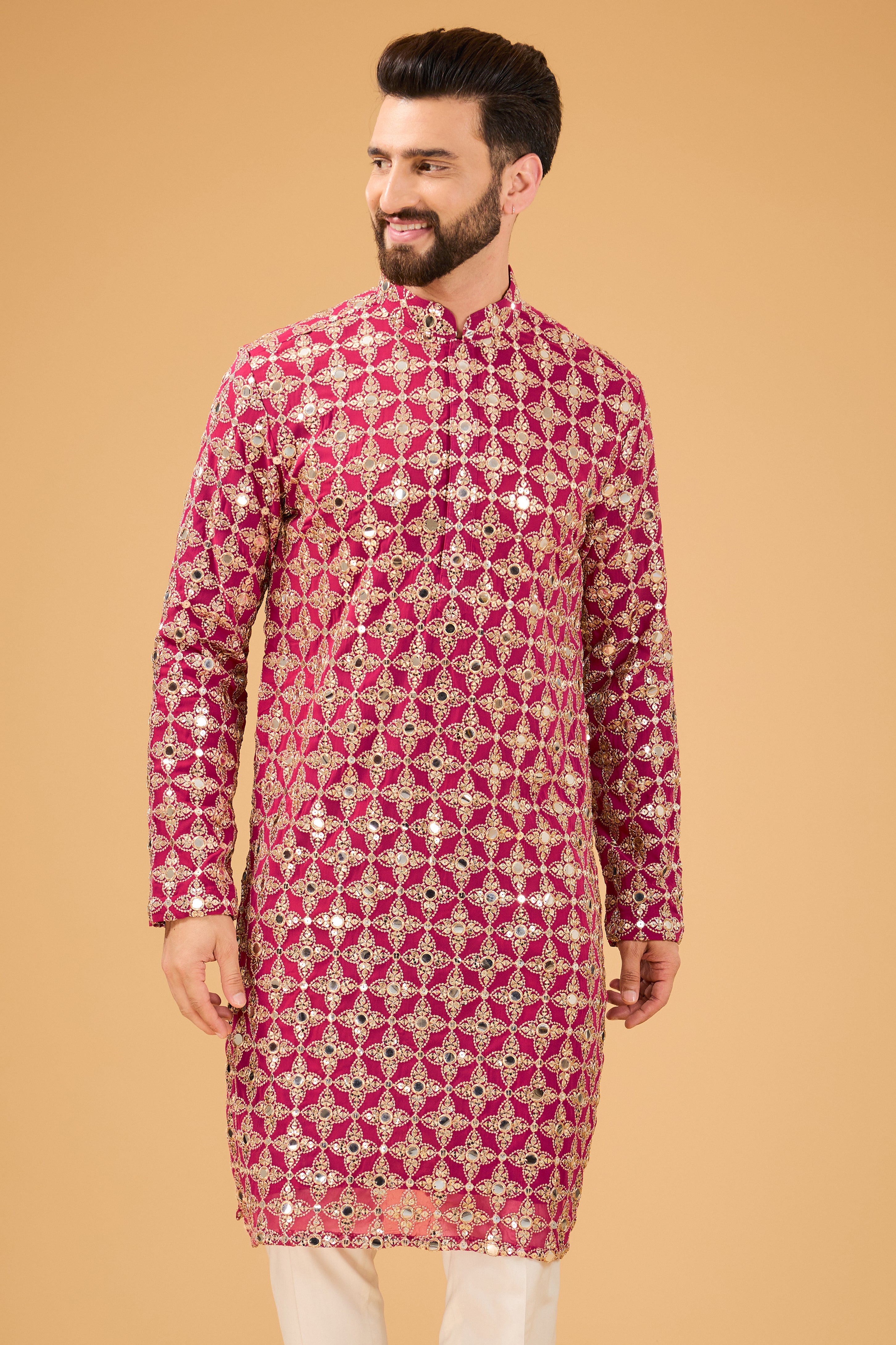 Hot pink mirror-work kurta with detailed golden zari work - kasbahmen