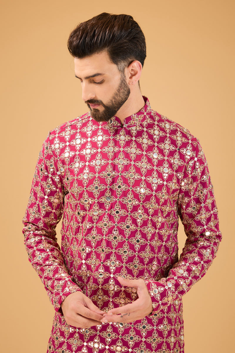 Hot pink mirror-work kurta with detailed golden zari work - kasbahmen