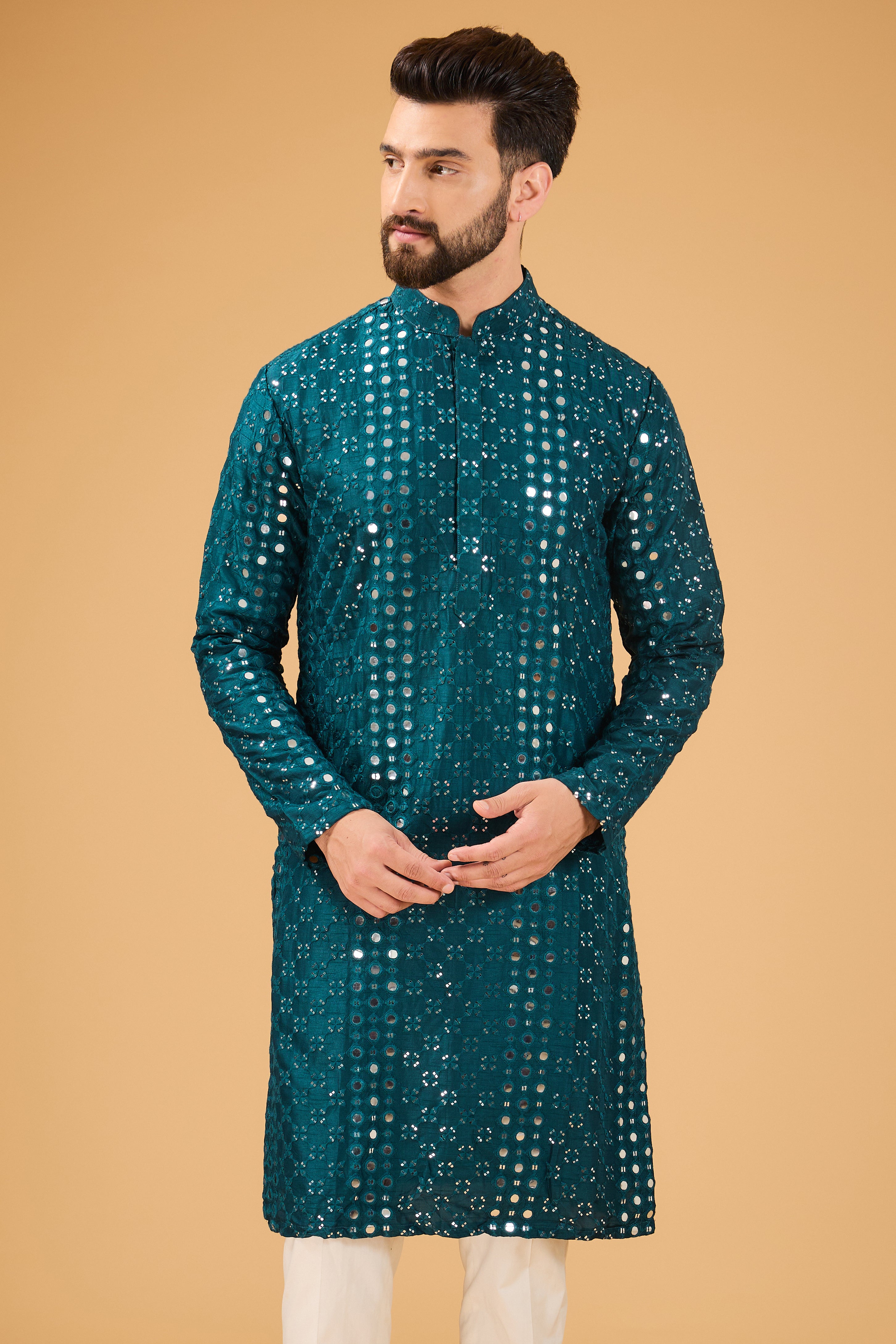 Signature teal mirror-work kurta. - kasbahmen