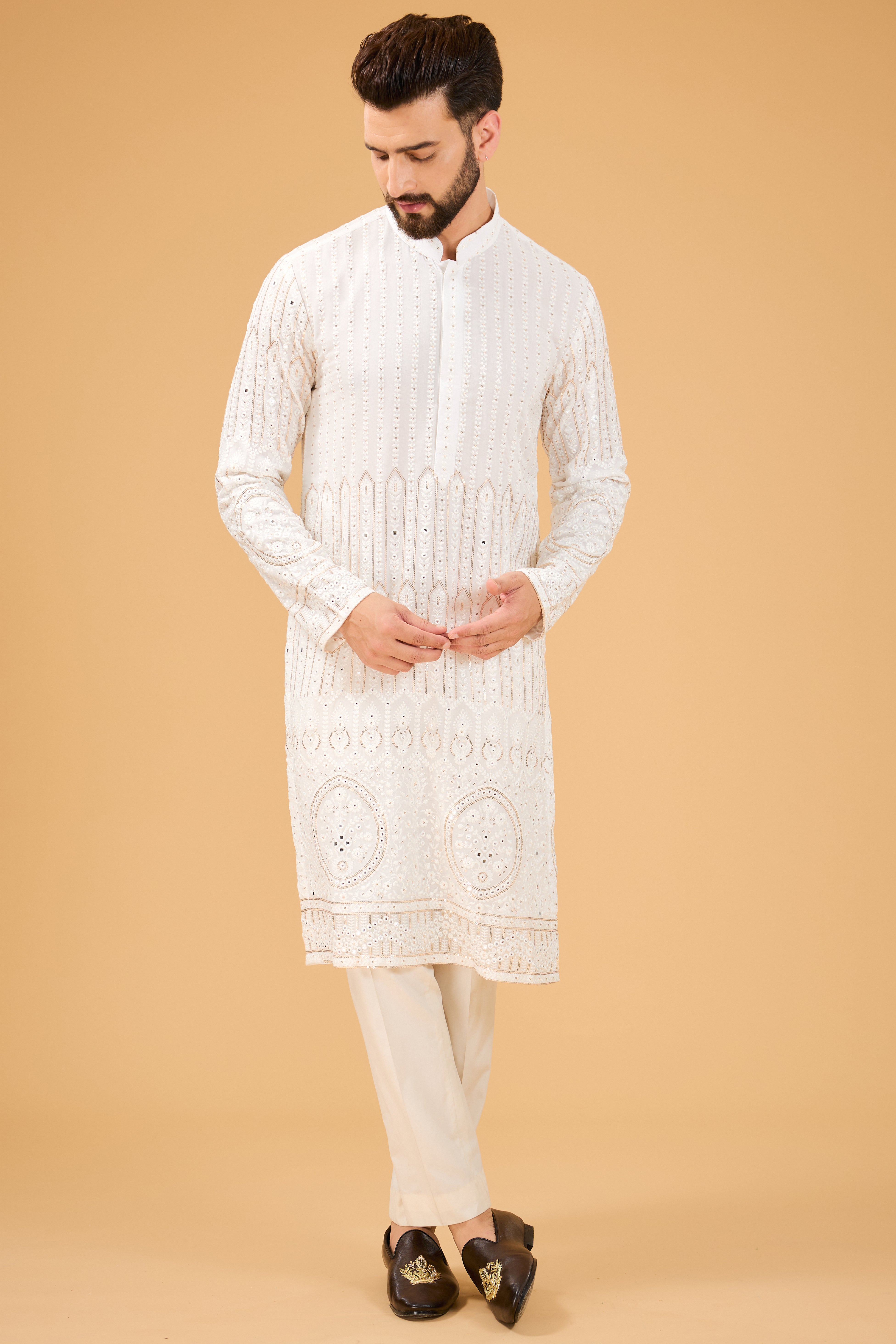 White chikankari kurta with detailed ghera embroidery - kasbahmen