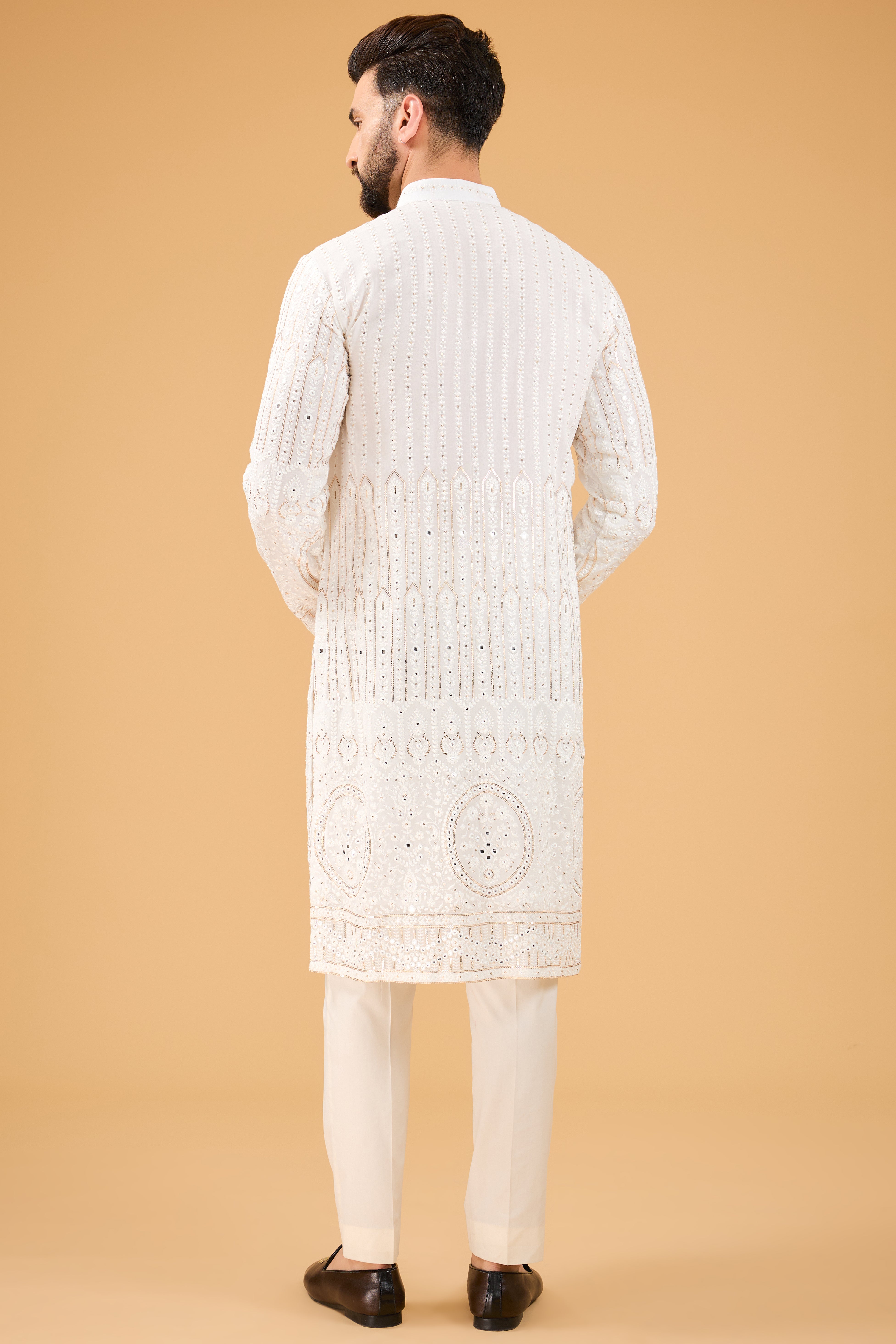 White chikankari kurta with detailed ghera embroidery - kasbahmen