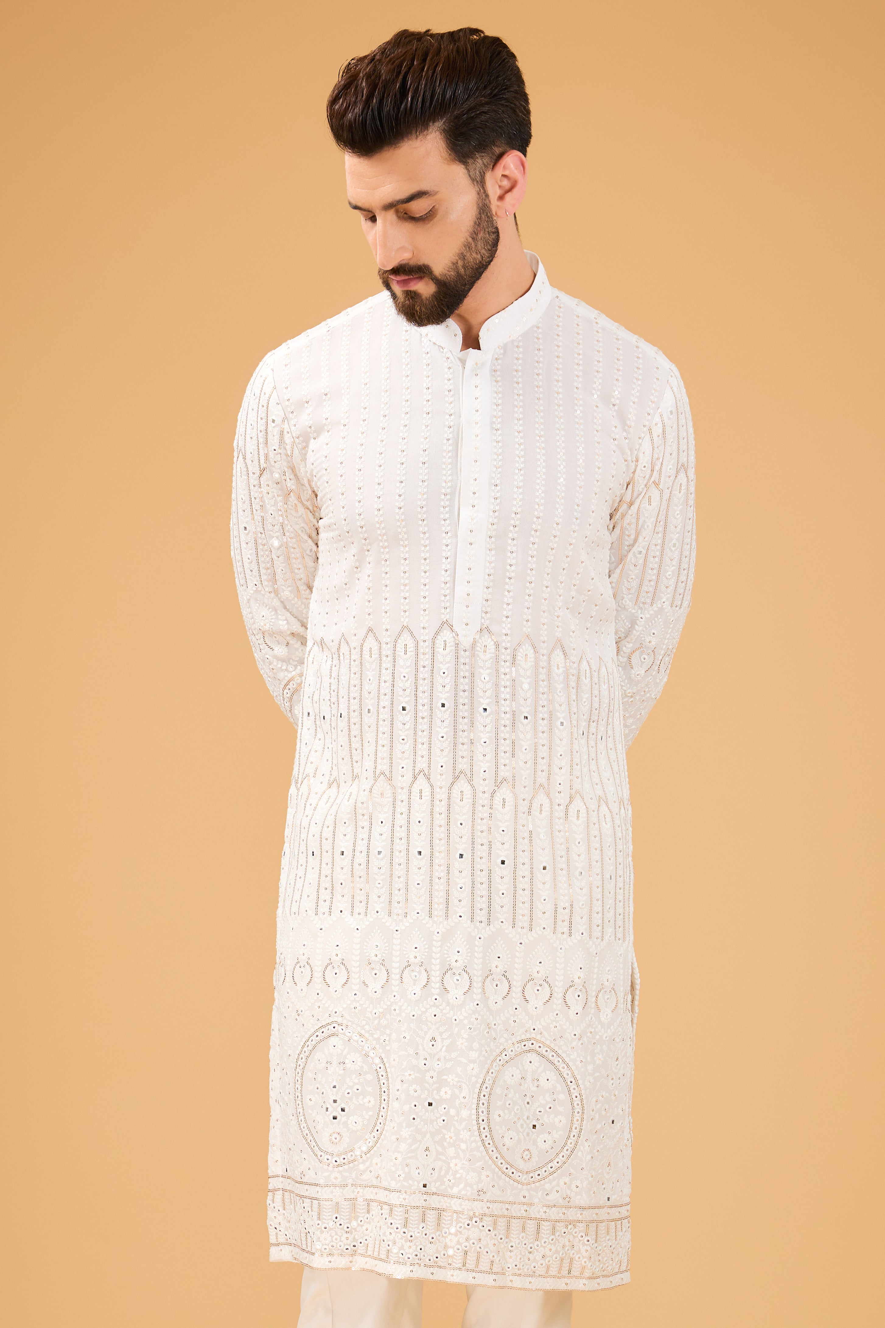 White chikankari kurta with detailed ghera embroidery - kasbahmen