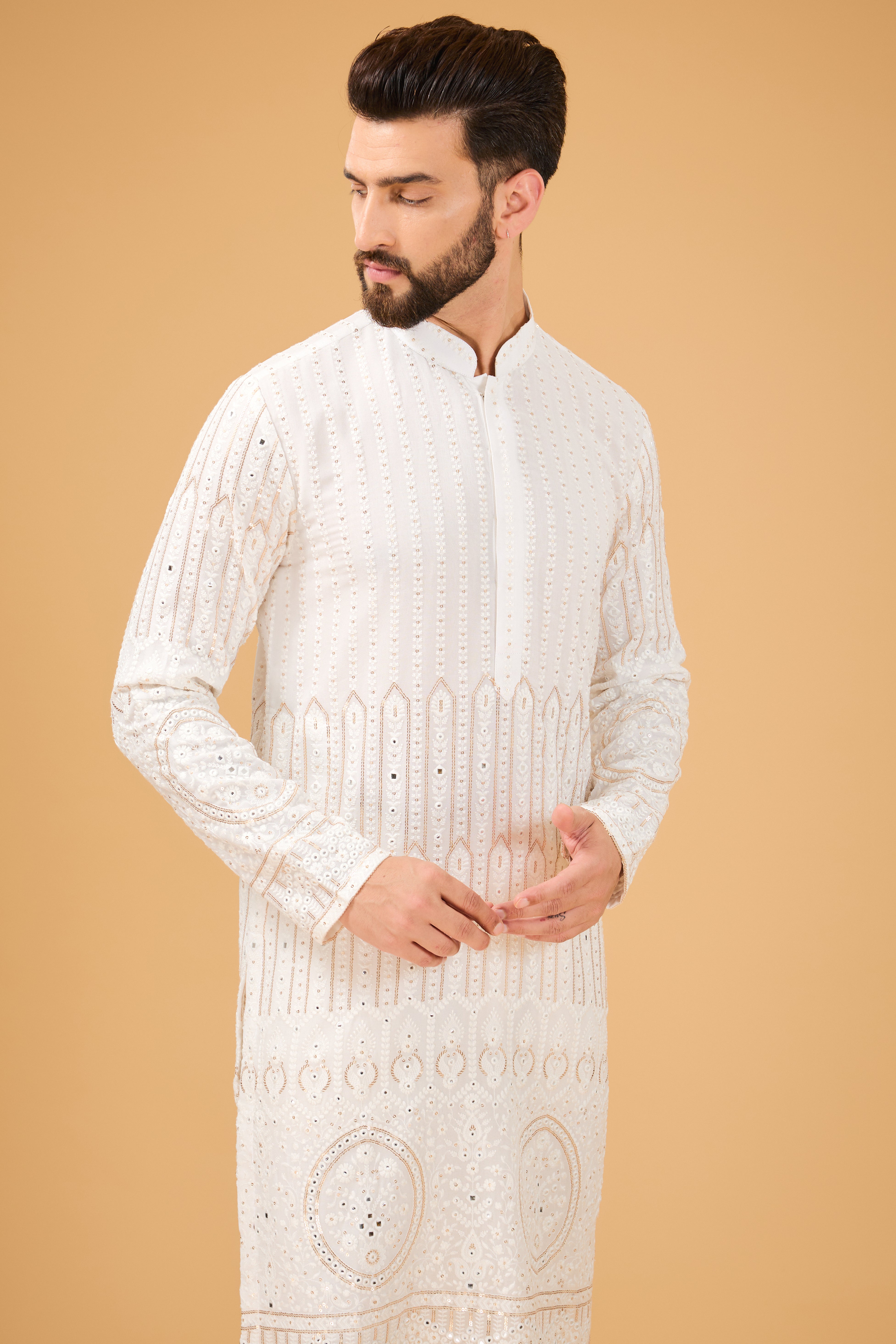 White chikankari kurta with detailed ghera embroidery - kasbahmen