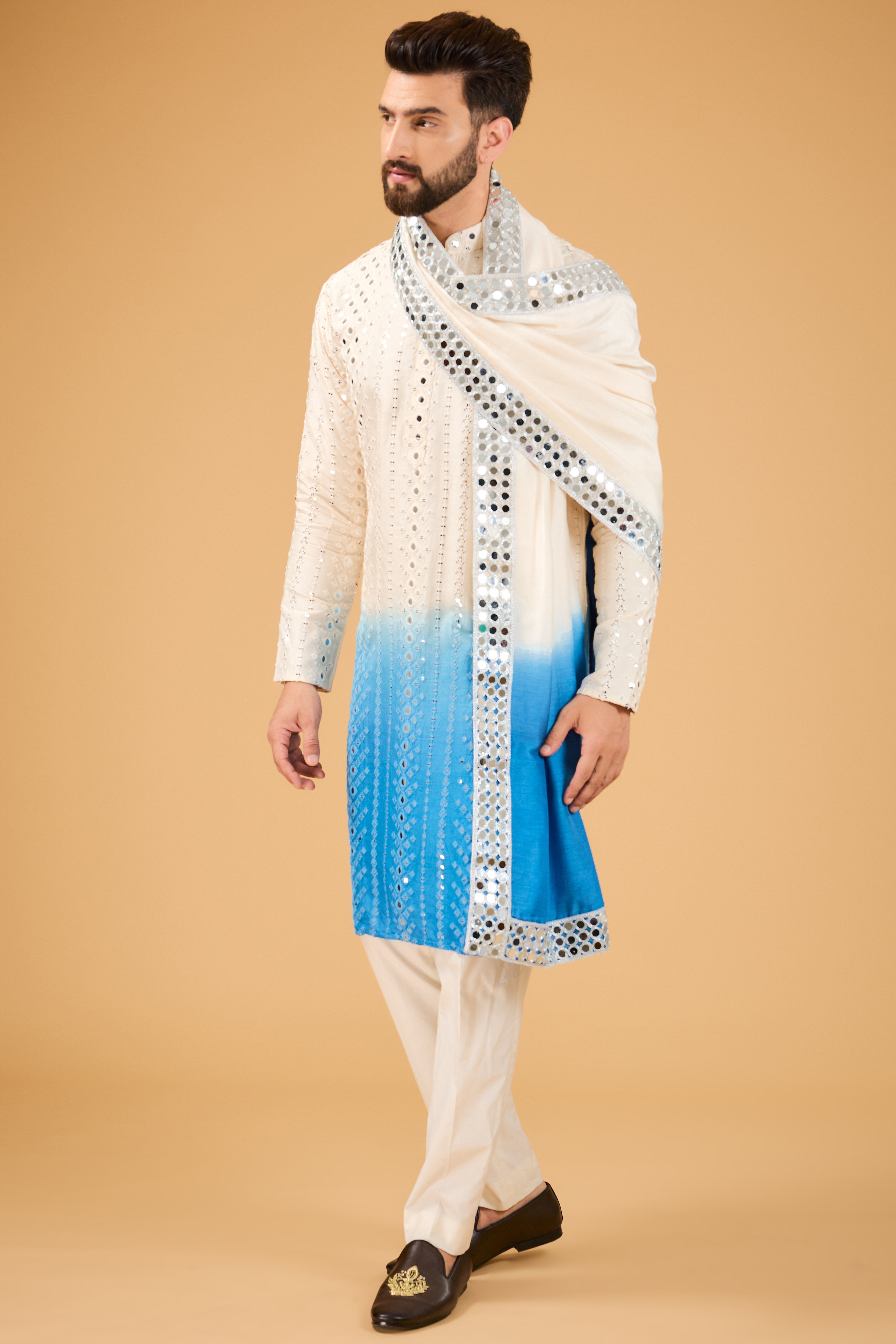 Cream-blue ombre mirror-work kurta with mirror-work stole. - kasbahmen