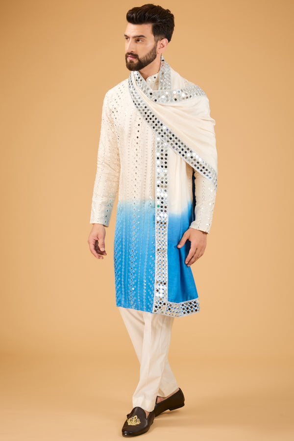 Cream-blue ombre mirror-work kurta with mirror-work stole.