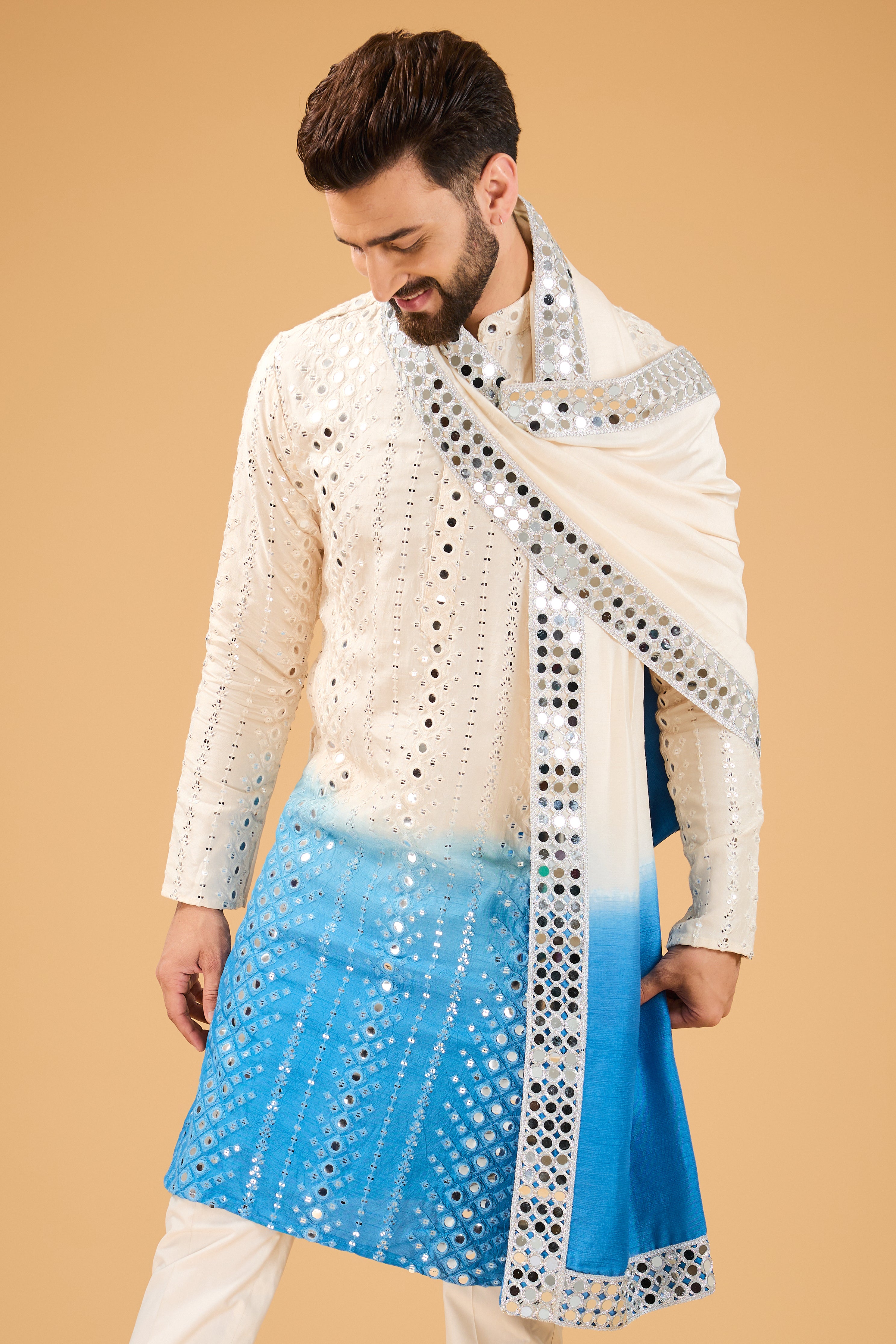 Cream-blue ombre mirror-work kurta with mirror-work stole. - kasbahmen