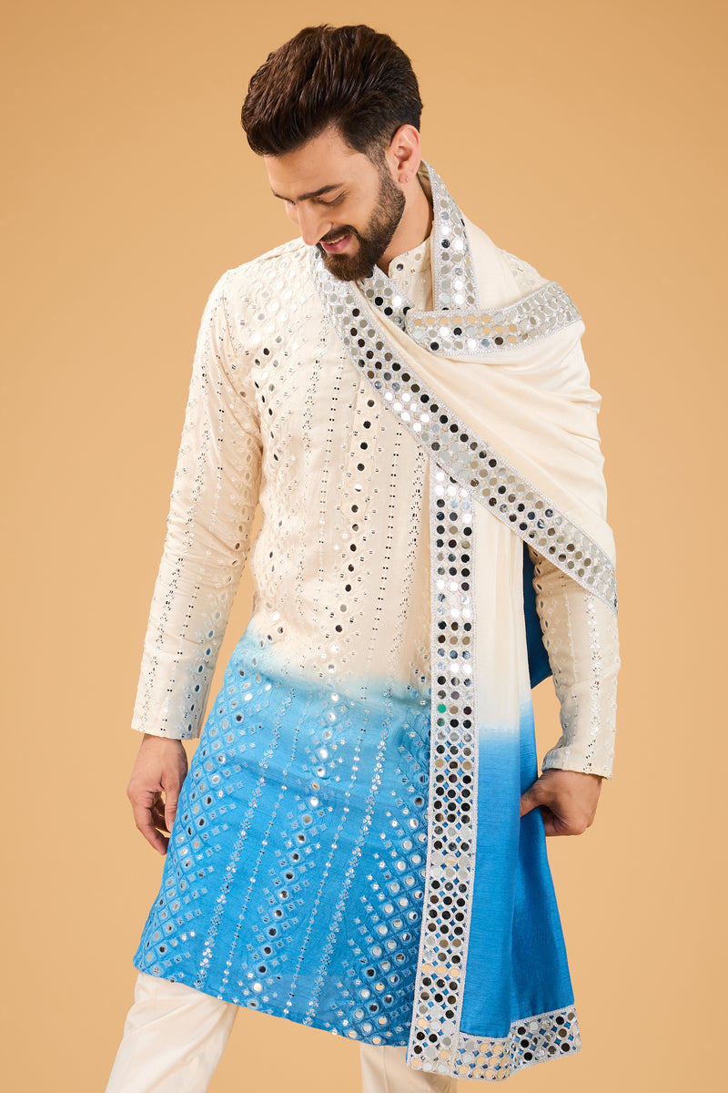 Cream-blue ombre mirror-work kurta with mirror-work stole.