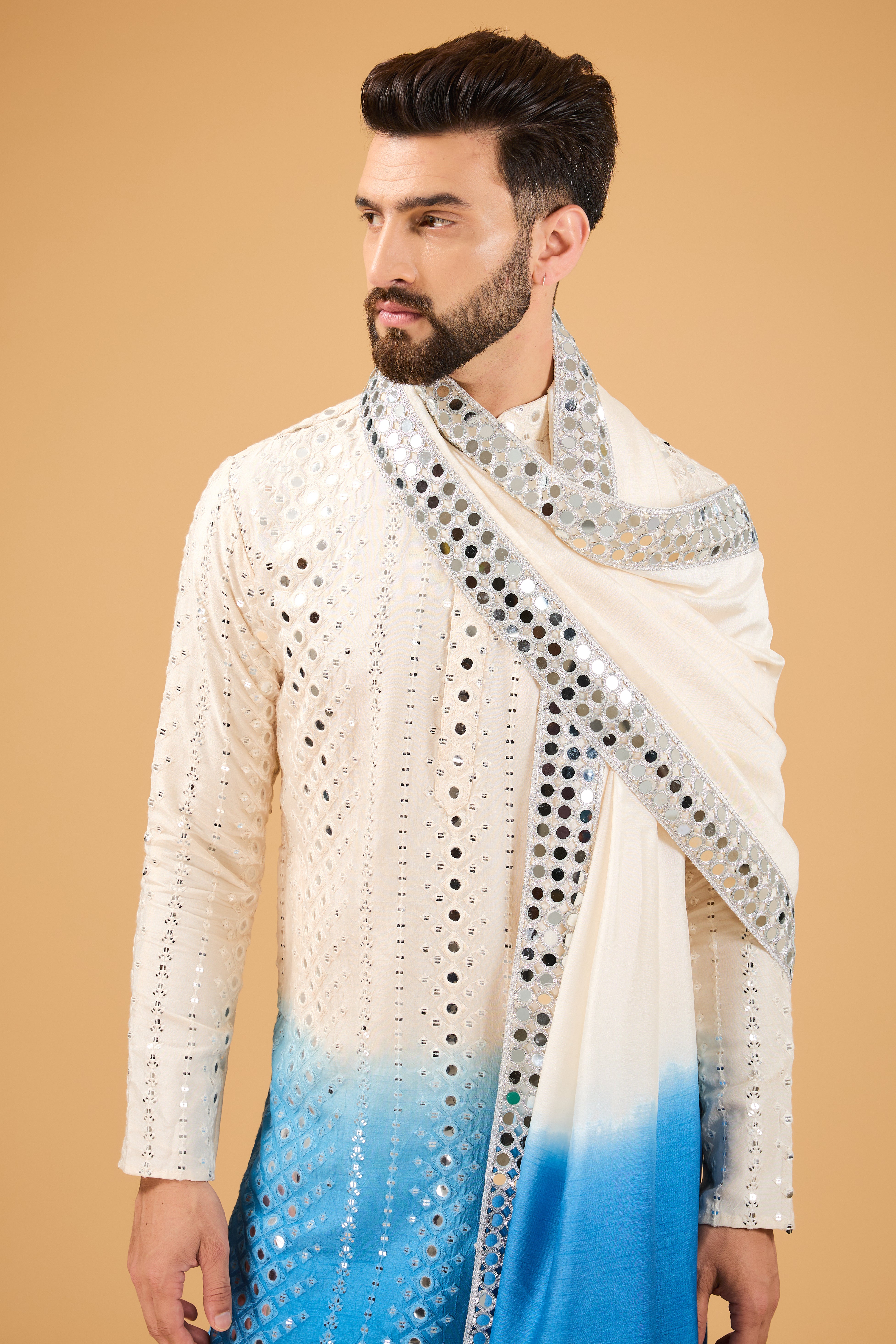 Cream-blue ombre mirror-work kurta with mirror-work stole. - kasbahmen