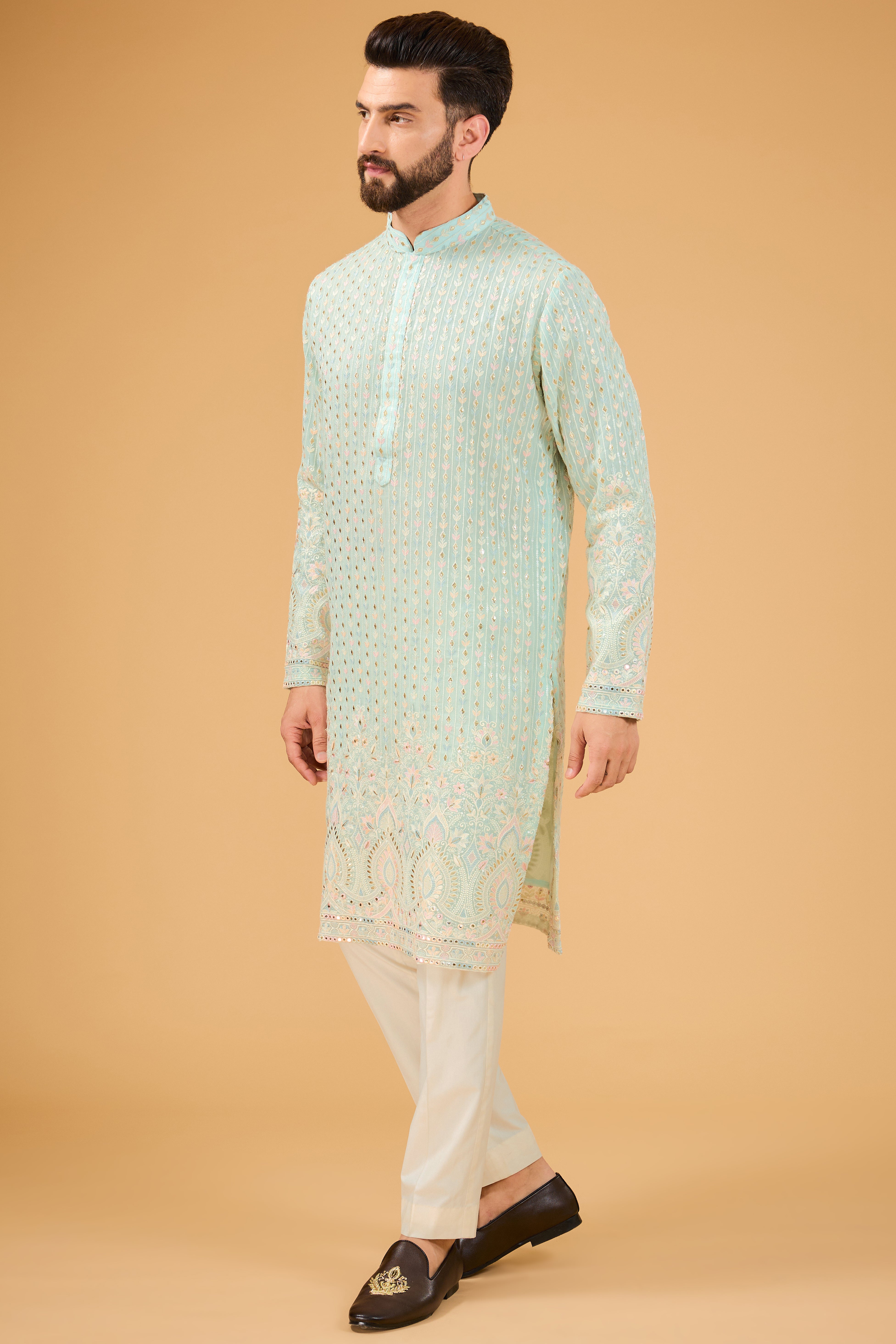 Powder blue chikankari kurta with detailed multi-threadwork - kasbahmen