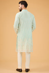 Powder blue chikankari kurta with detailed multi-threadwork - kasbahmen