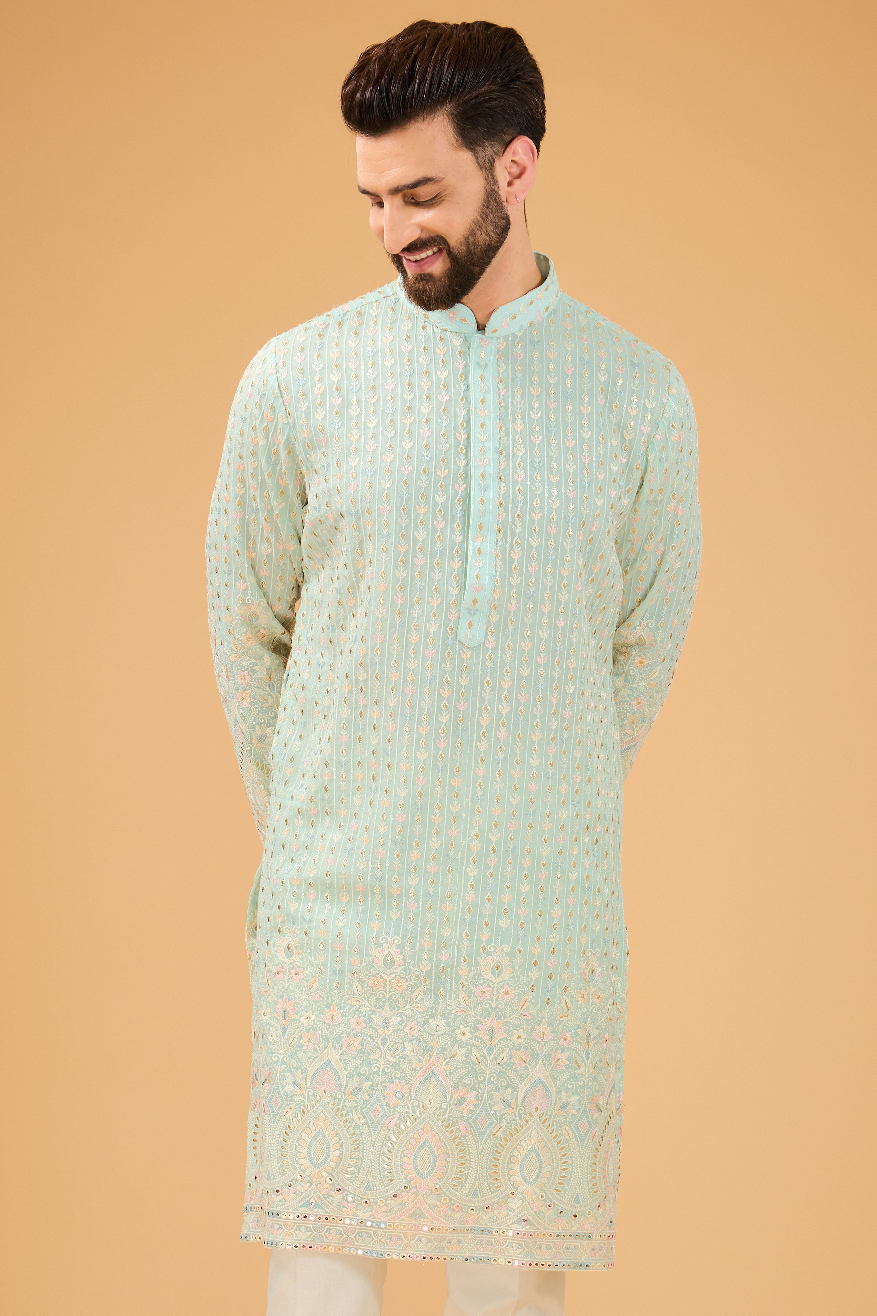 Powder blue chikankari kurta with detailed multi-threadwork - kasbahmen