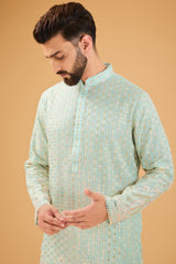 Powder blue chikankari kurta with detailed multi-threadwork - kasbahmen