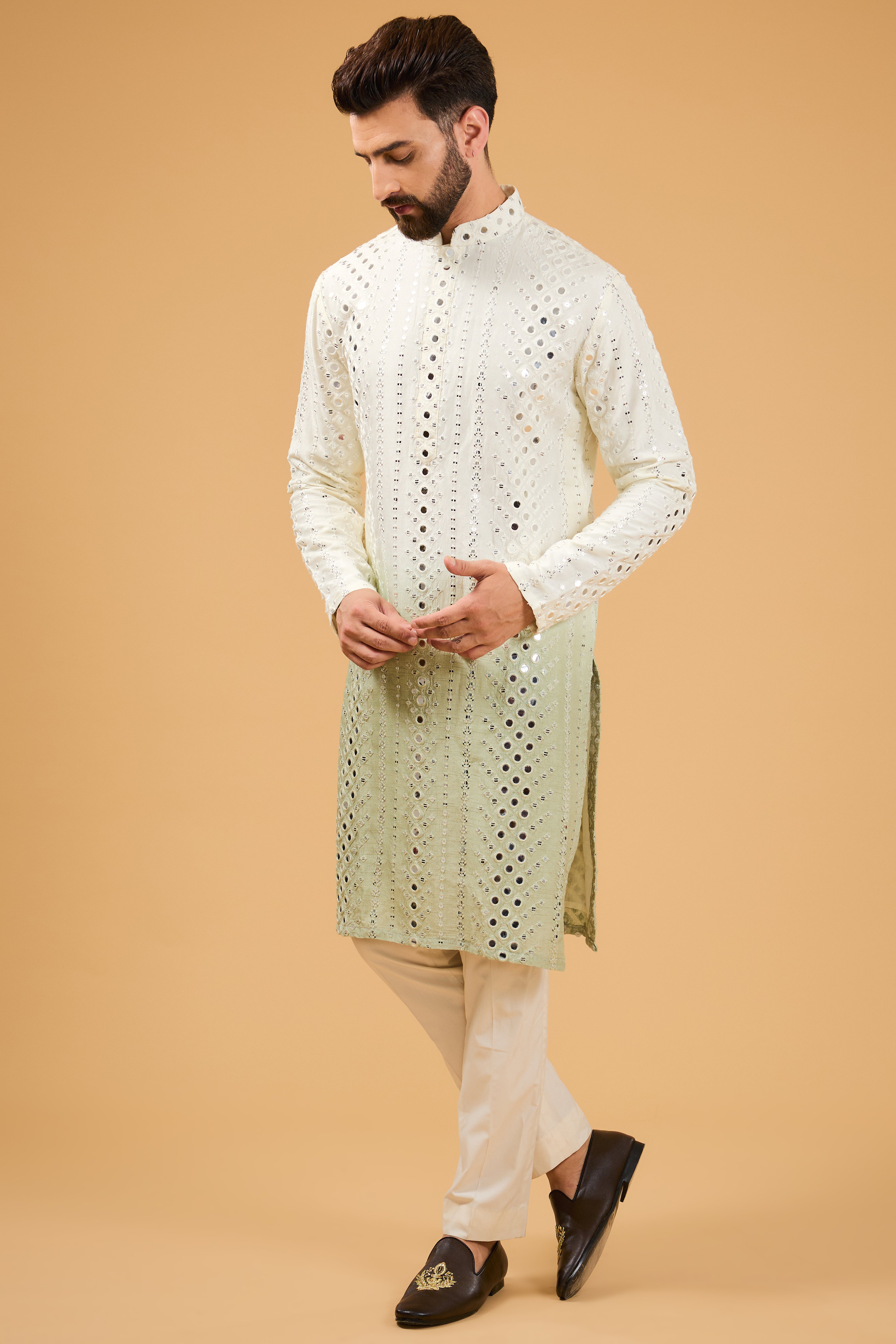 Cream - Sage green ombre shaded mirror work kurta. - kasbahmen