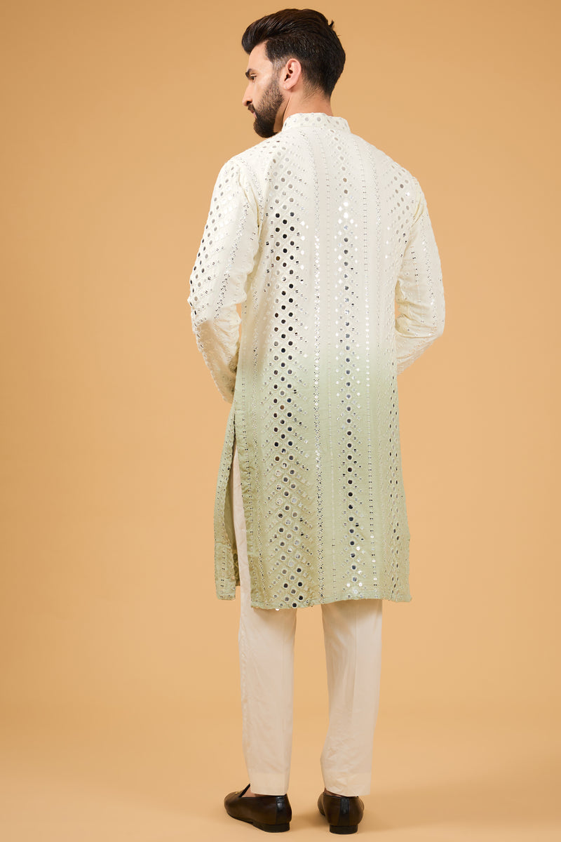 Cream - Sage green ombre shaded mirror work kurta. - kasbahmen