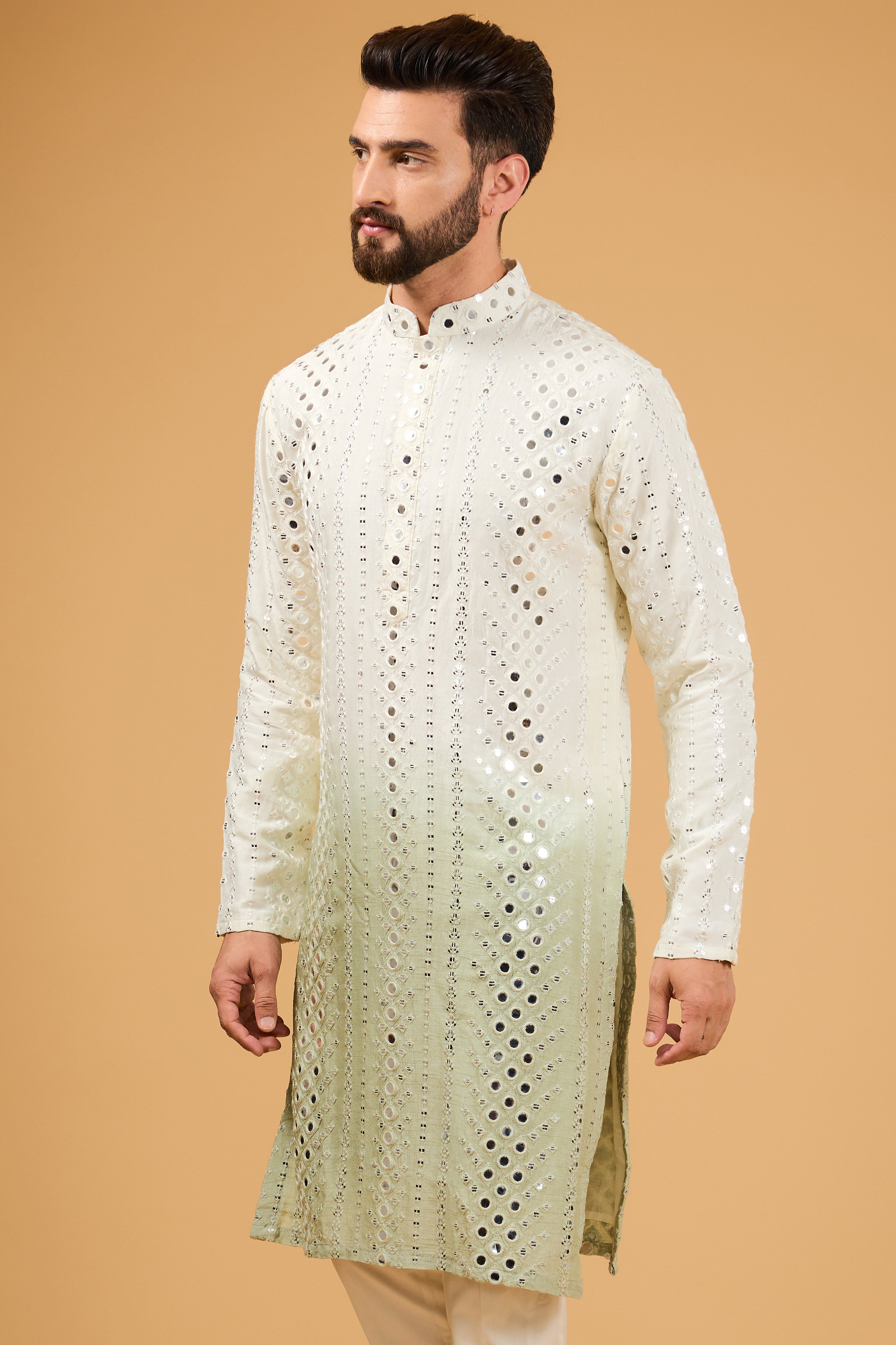 Cream - Sage green ombre shaded mirror work kurta. - kasbahmen