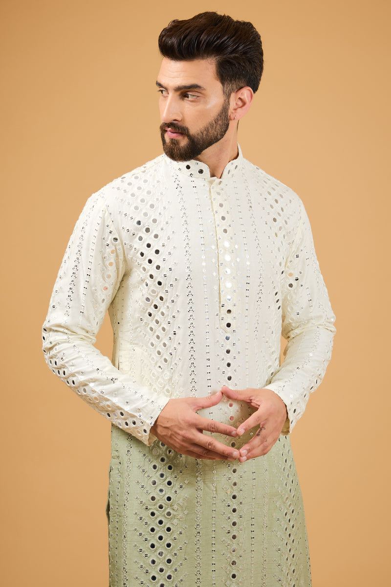 Cream - Sage green ombre shaded mirror work kurta. - kasbahmen