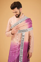 Nude - Mauve ombre shaded mirror work kurta with mirror-work stole.