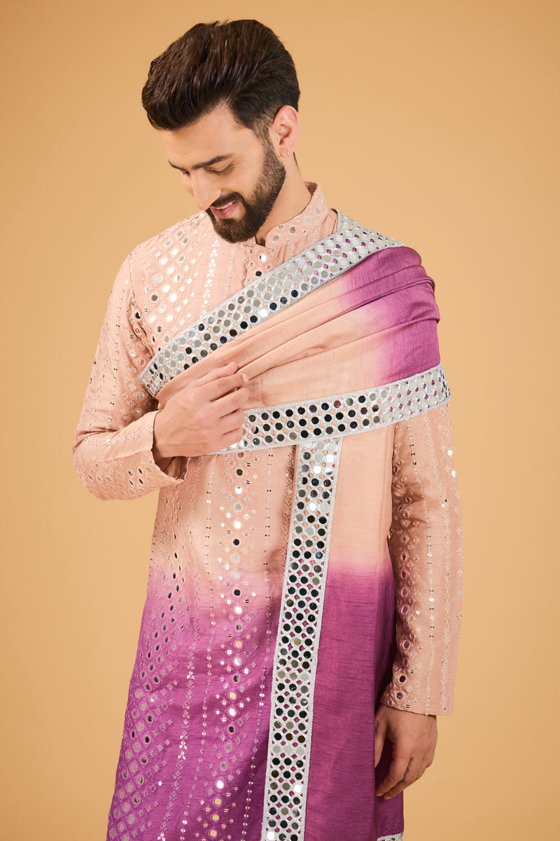 Nude - Mauve ombre shaded mirror work kurta with mirror-work stole.