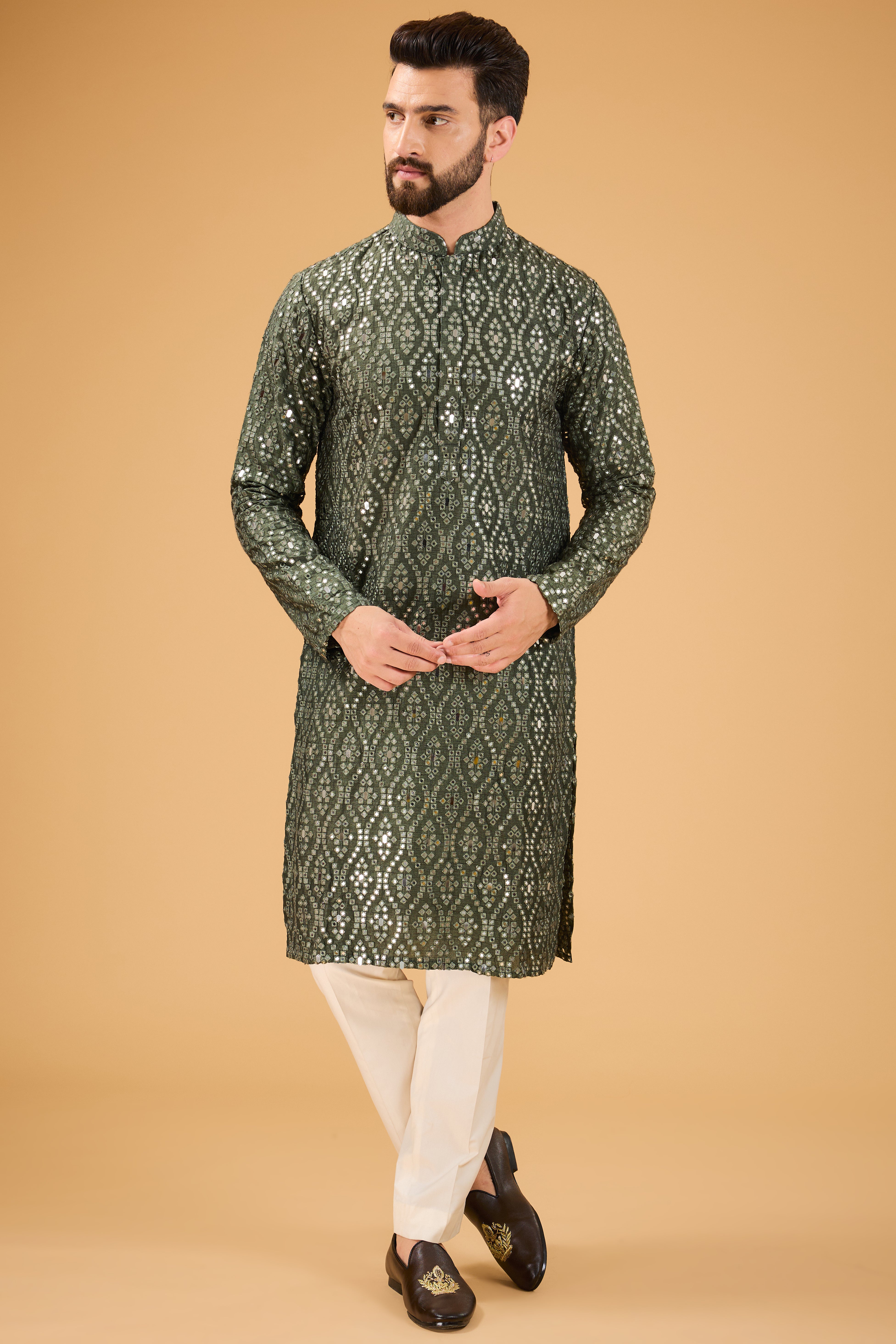 Signature military green mirror-work kurta - kasbahmen