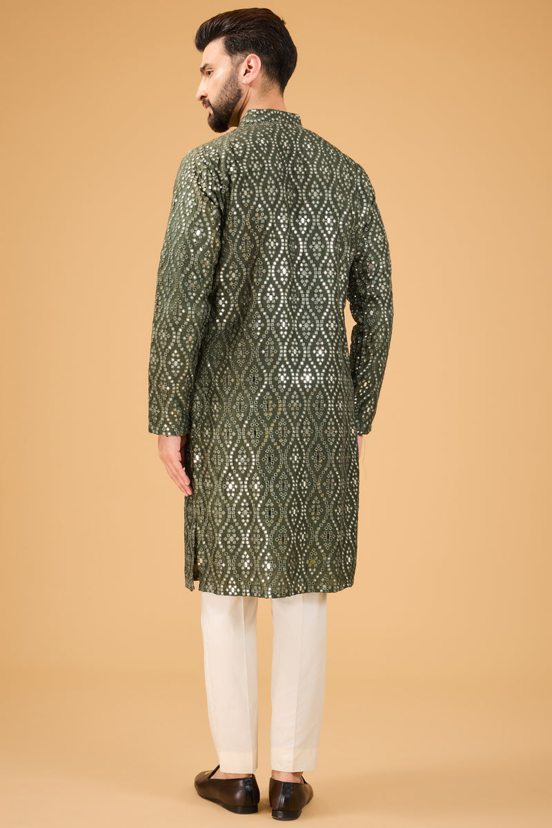 Signature military green mirror-work kurta - kasbahmen