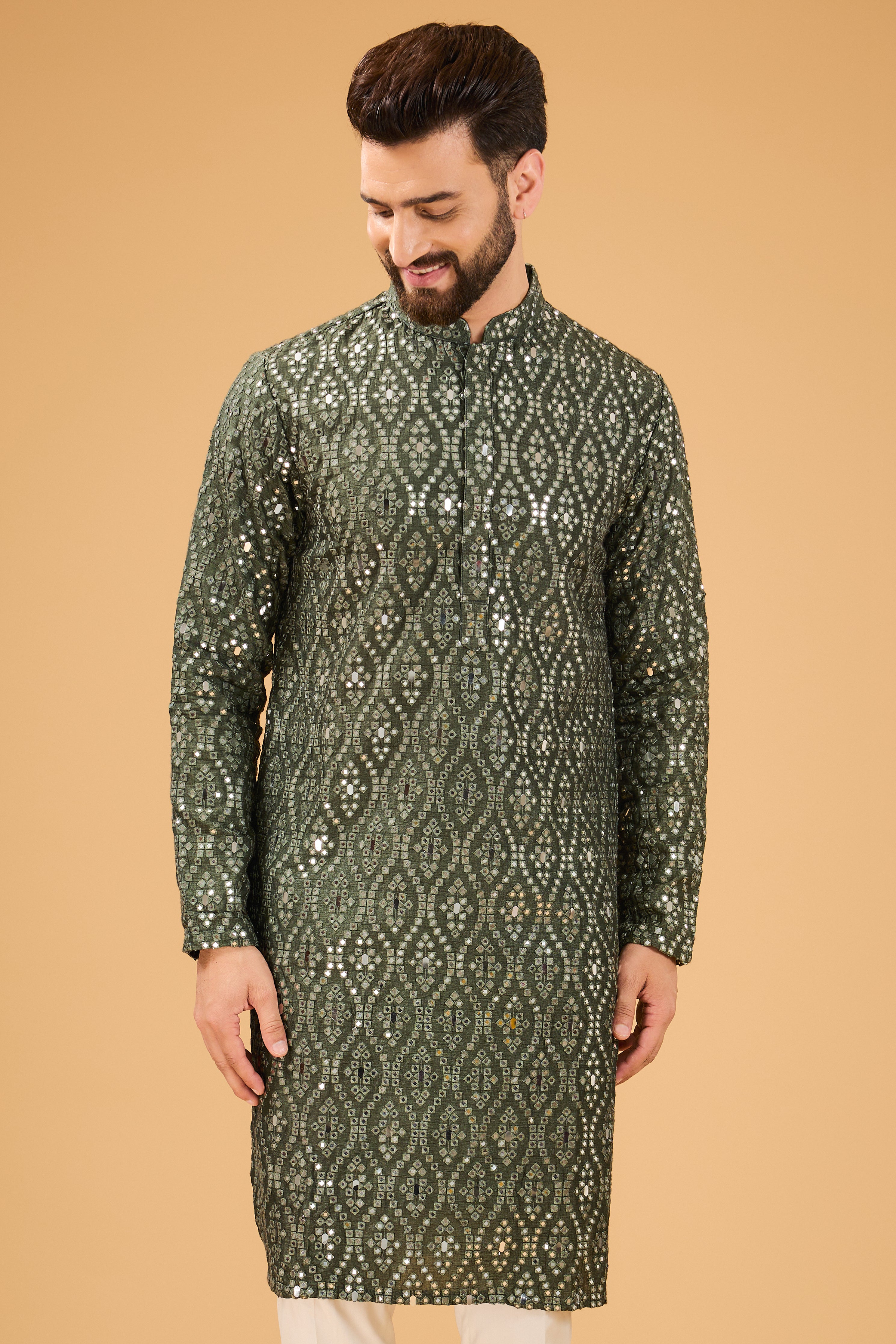 Signature military green mirror-work kurta - kasbahmen