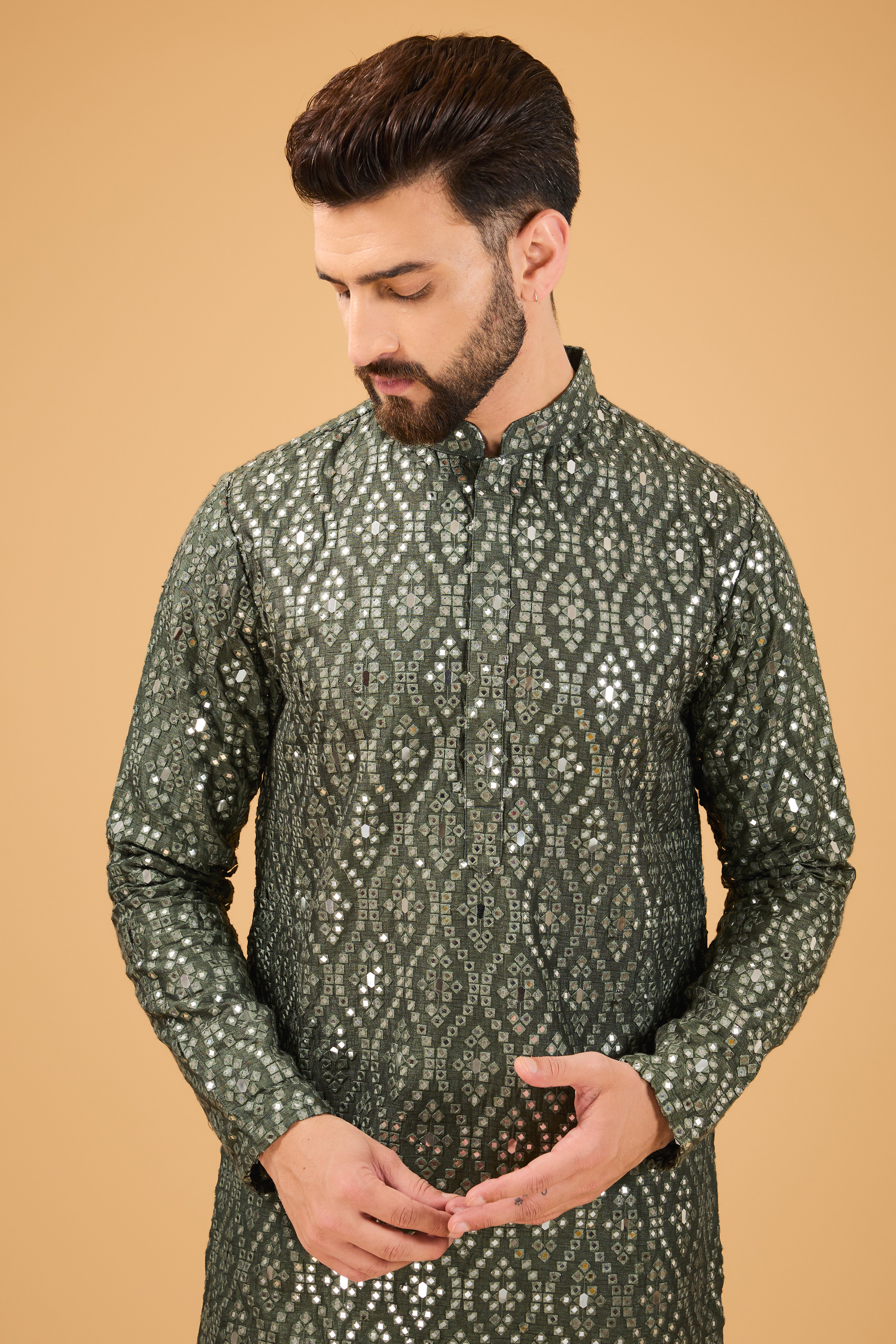 Signature military green mirror-work kurta - kasbahmen