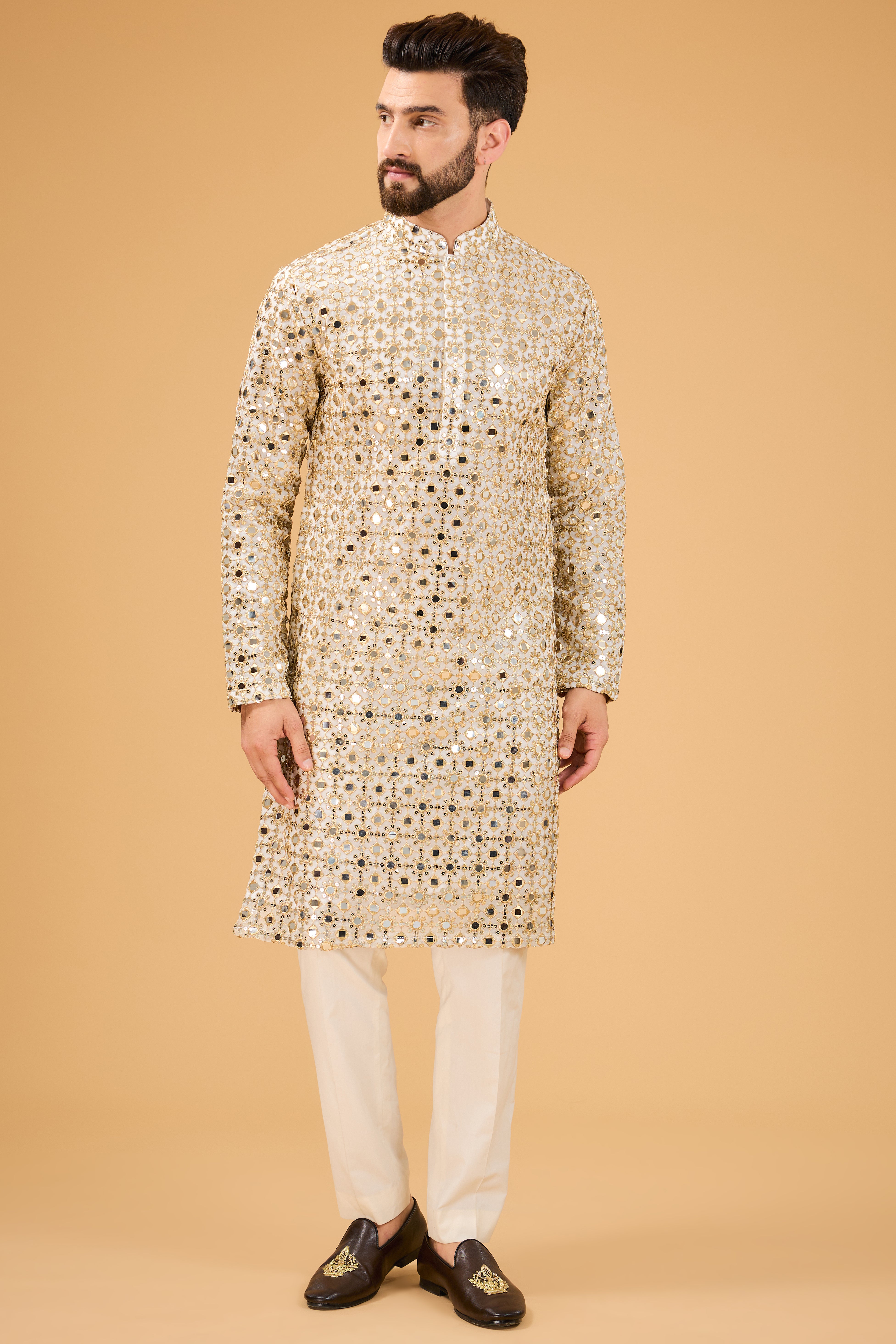 classic ivory mirror work kurta with detailed zari work - kasbahmen