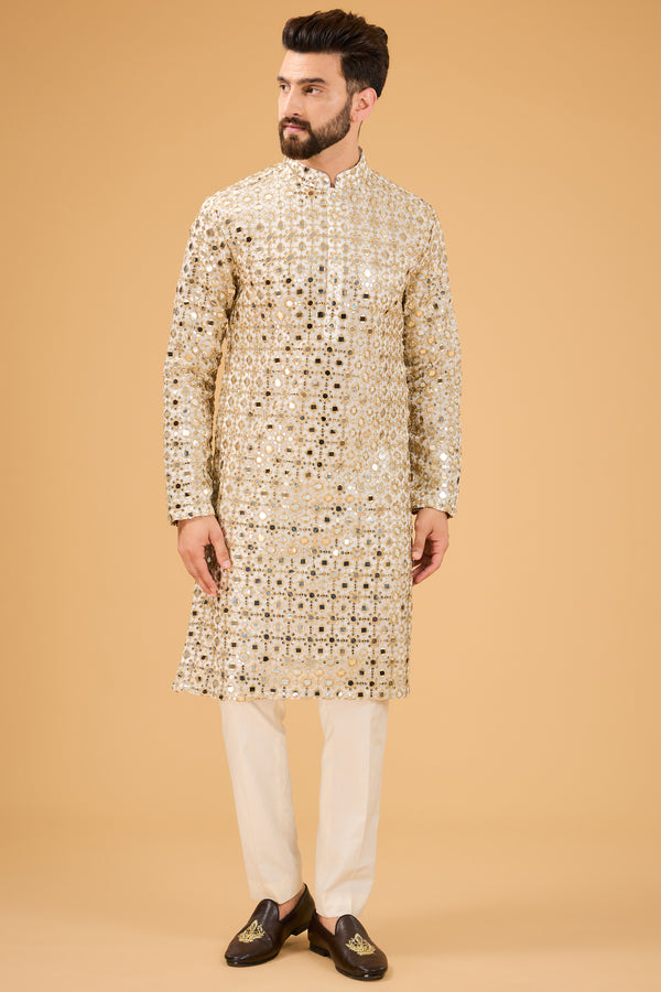 classic ivory mirror work kurta with detailed zari work