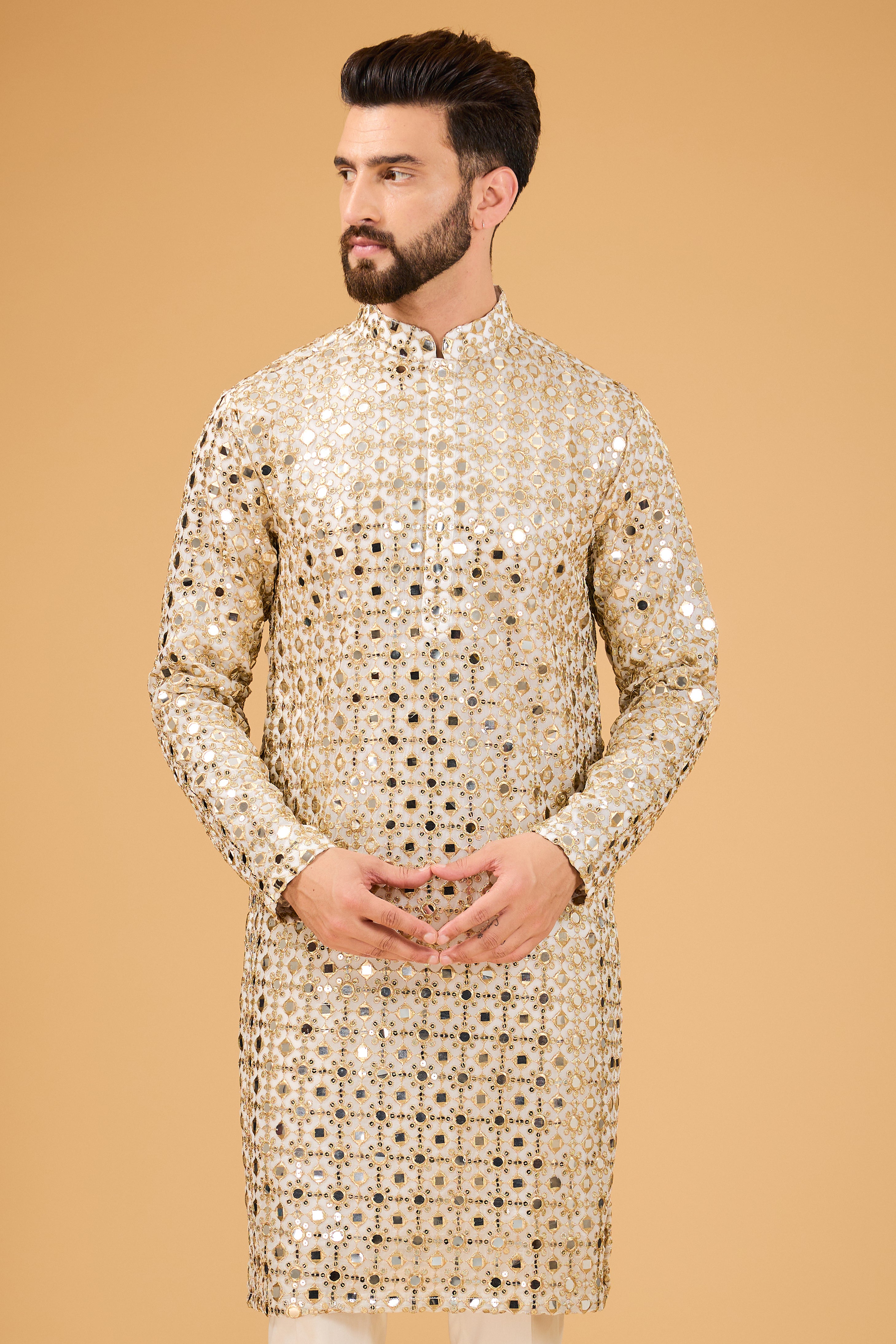 classic ivory mirror work kurta with detailed zari work - kasbahmen