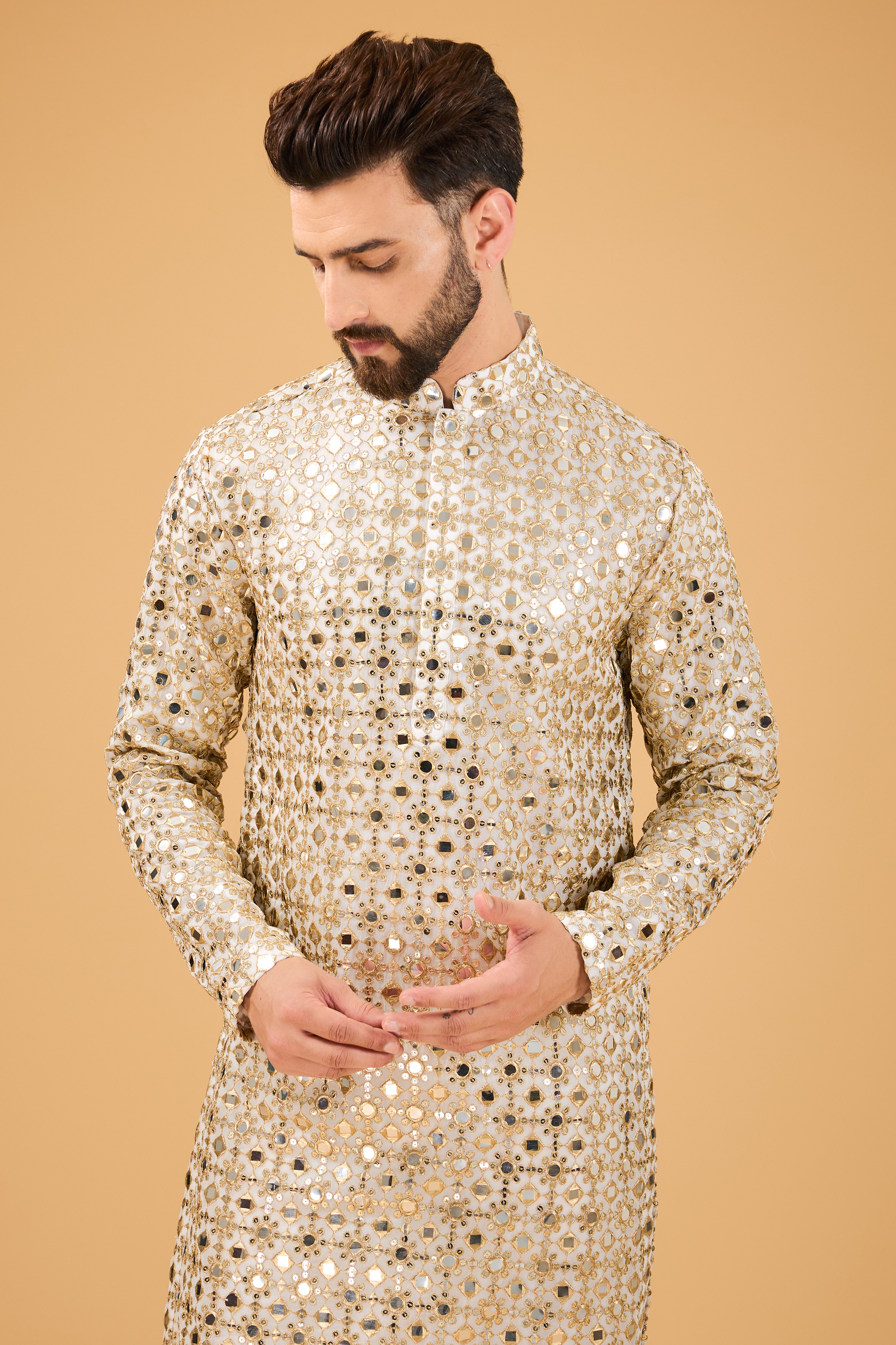 classic ivory mirror work kurta with detailed zari work - kasbahmen