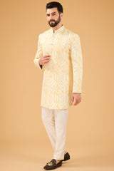 White and yellow geometrically embroidered royal cut indo-western. - kasbahmen