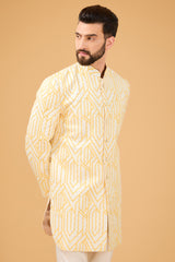 White and yellow geometrically embroidered royal cut indo-western. - kasbahmen