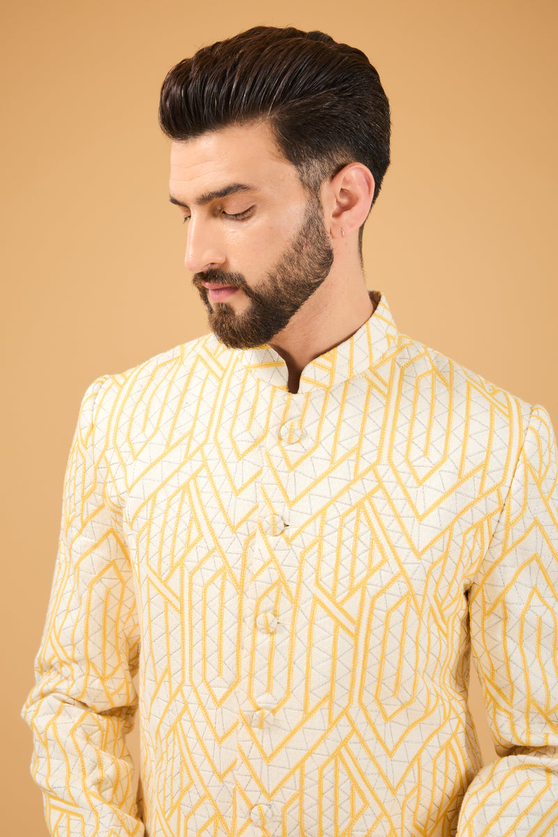 White and yellow geometrically embroidered royal cut indo-western. - kasbahmen