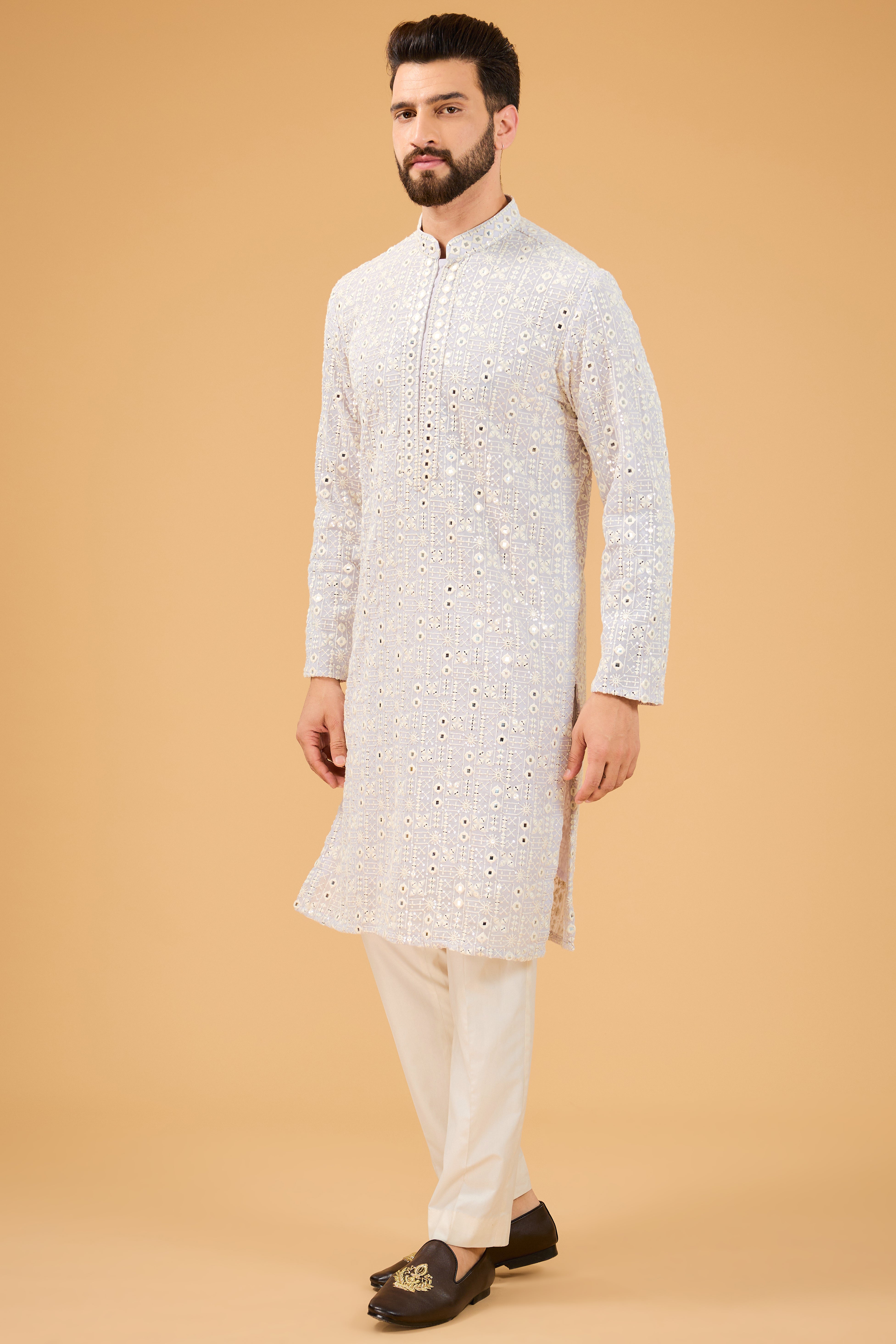 lilac mirror work kurta with intricate neckline - kasbahmen