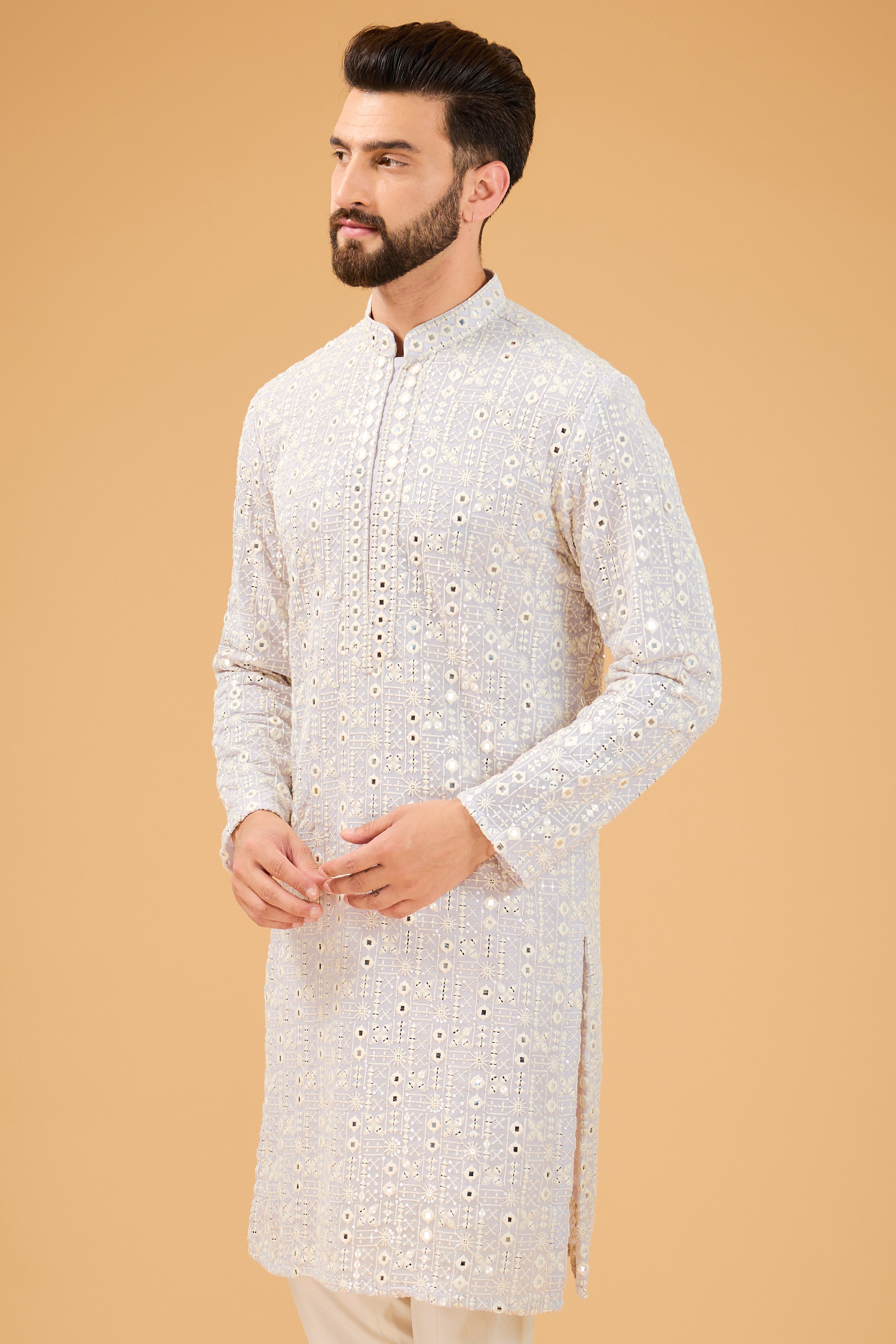 lilac mirror work kurta with intricate neckline - kasbahmen