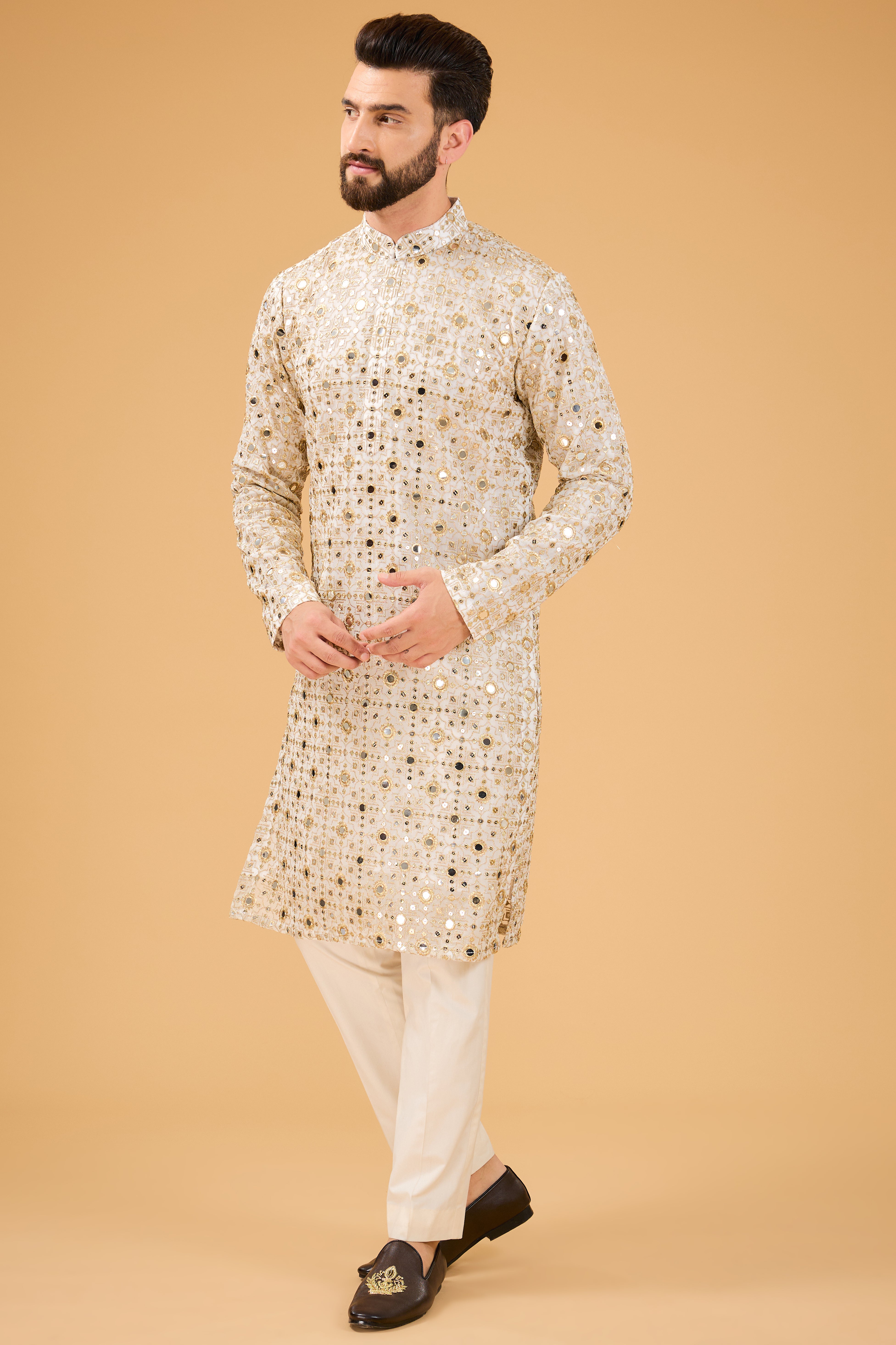 classic ivory mirror work kurta with detailed zari work - kasbahmen