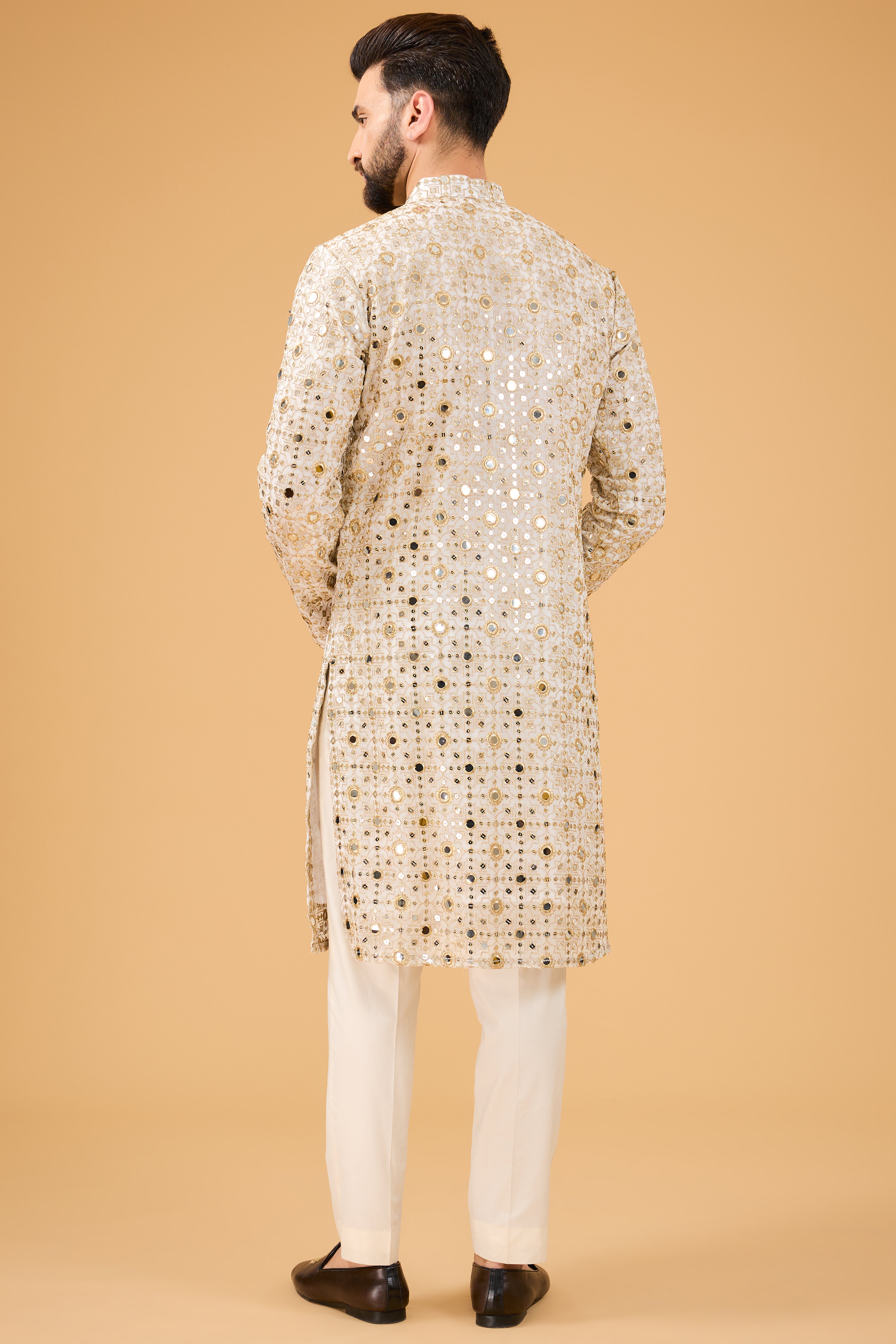 classic ivory mirror work kurta with detailed zari work - kasbahmen