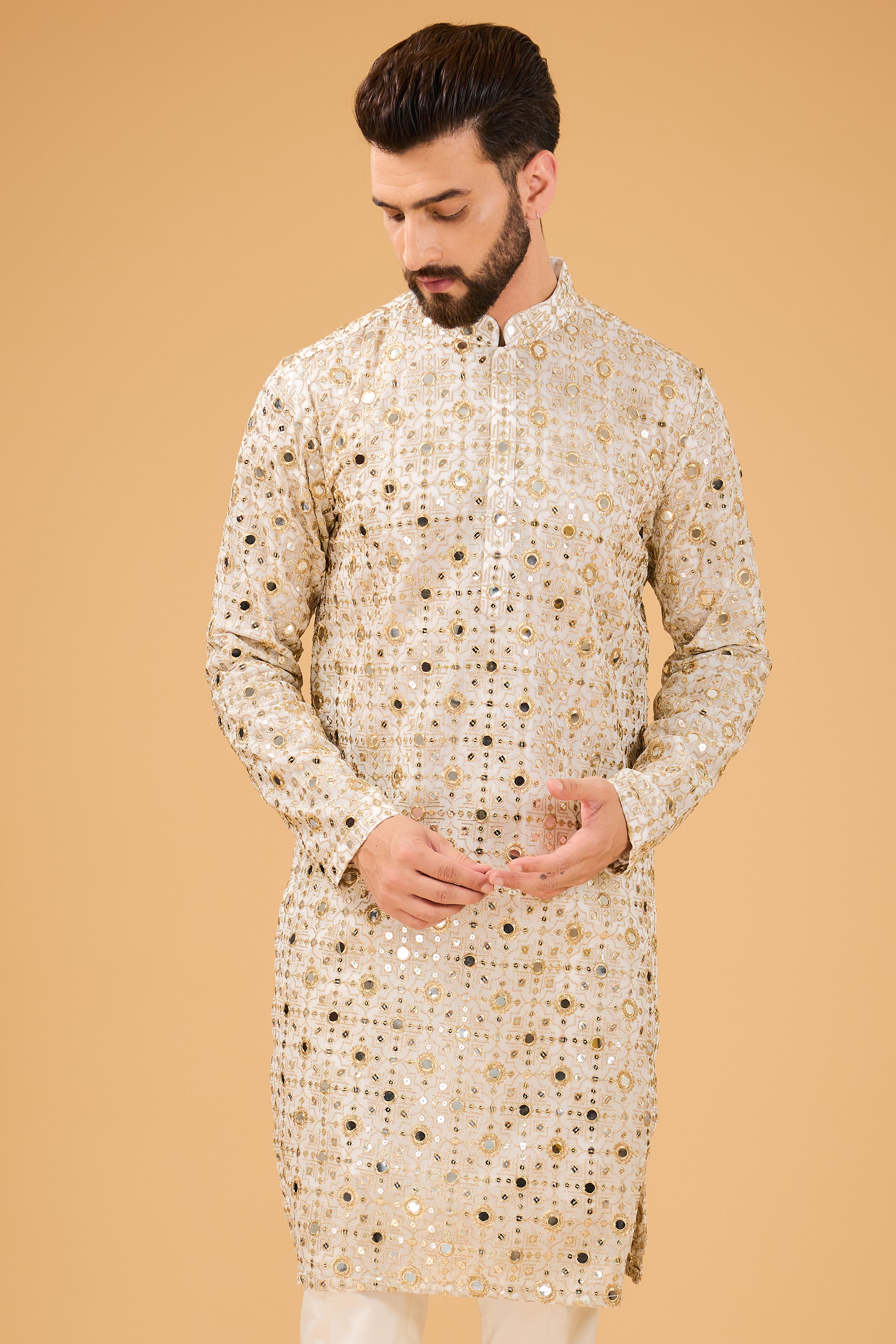 classic ivory mirror work kurta with detailed zari work - kasbahmen