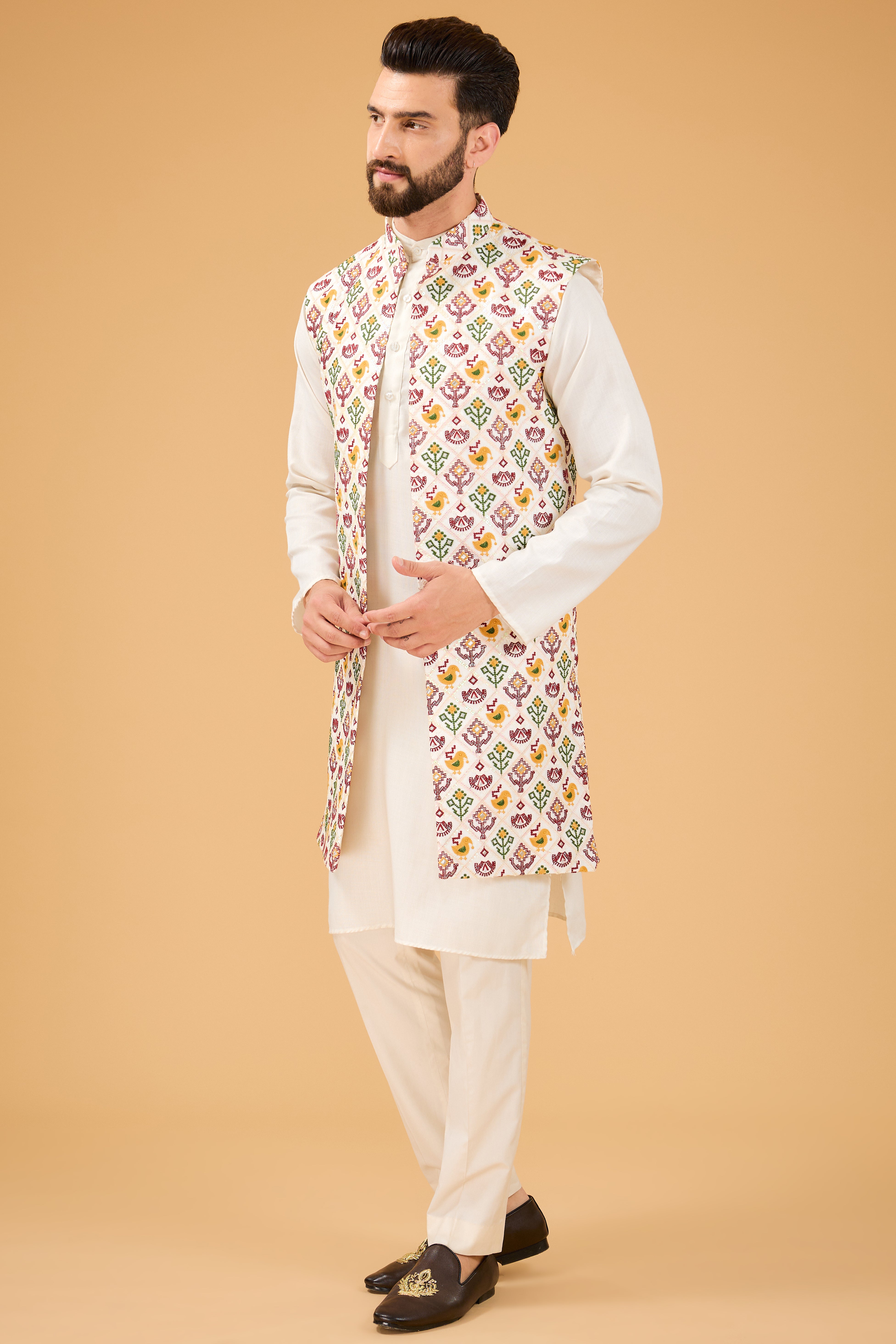 ivory long open shrug with with intricate phulkari embroidery - kasbahmen